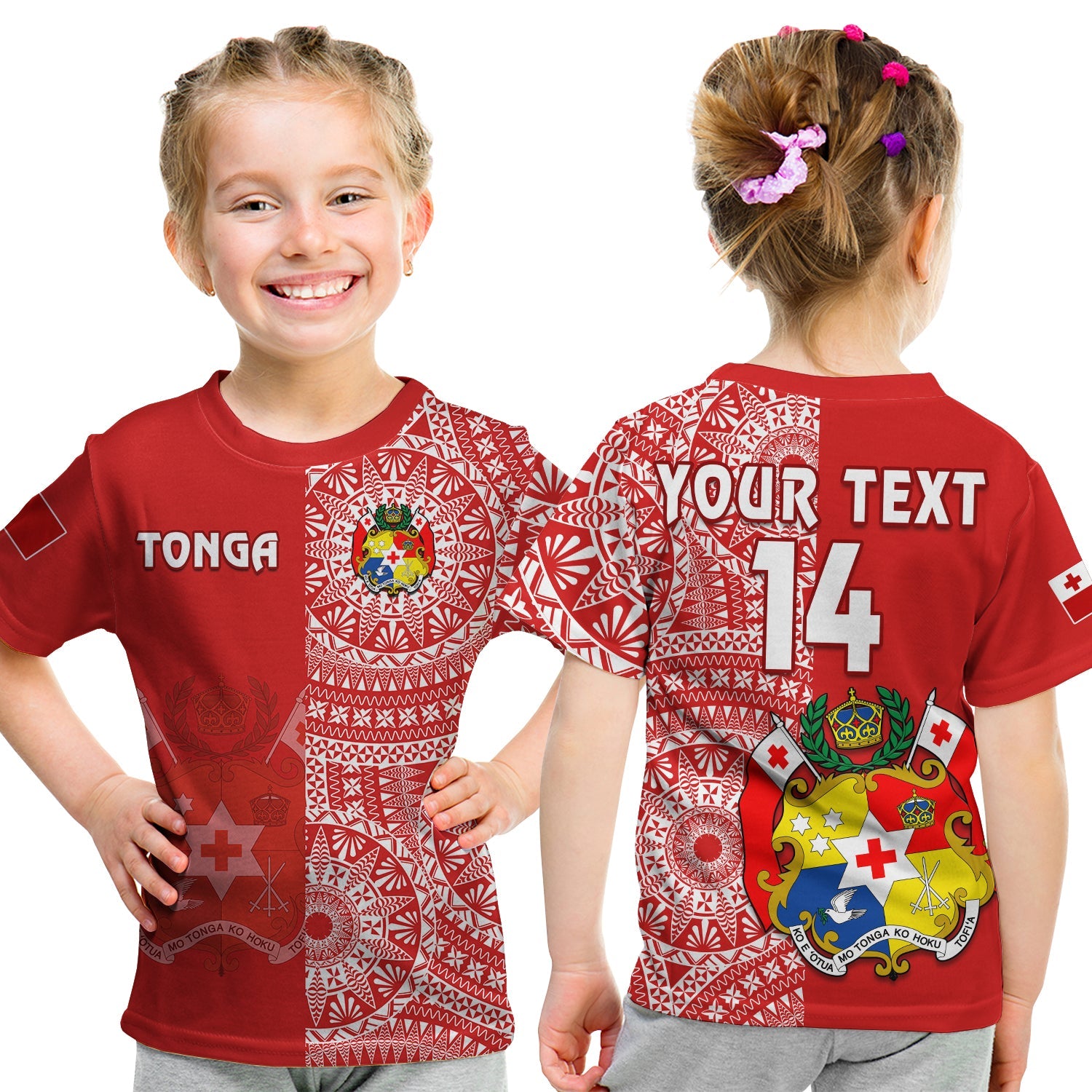 (Custom Text And Number) Tonga T Shirt KID Tongan Coat Of Arms Ngatu Pattern LT14 - Polynesian Pride