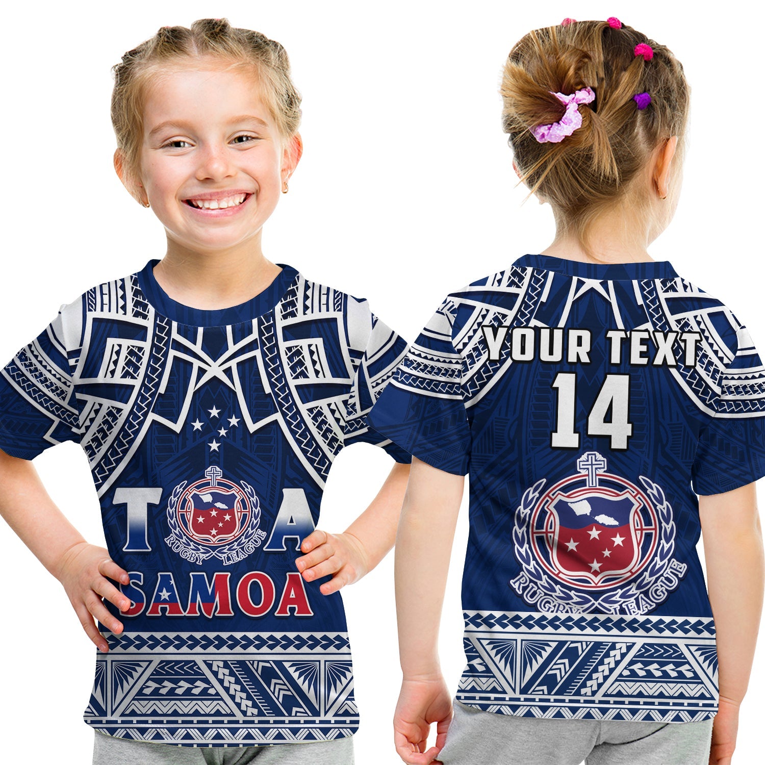 (Custom Personalise Text and Number) Samoa Rugby T Shirt KID Toa Samoa Pacific Sporty LT14 Blue - Polynesian Pride