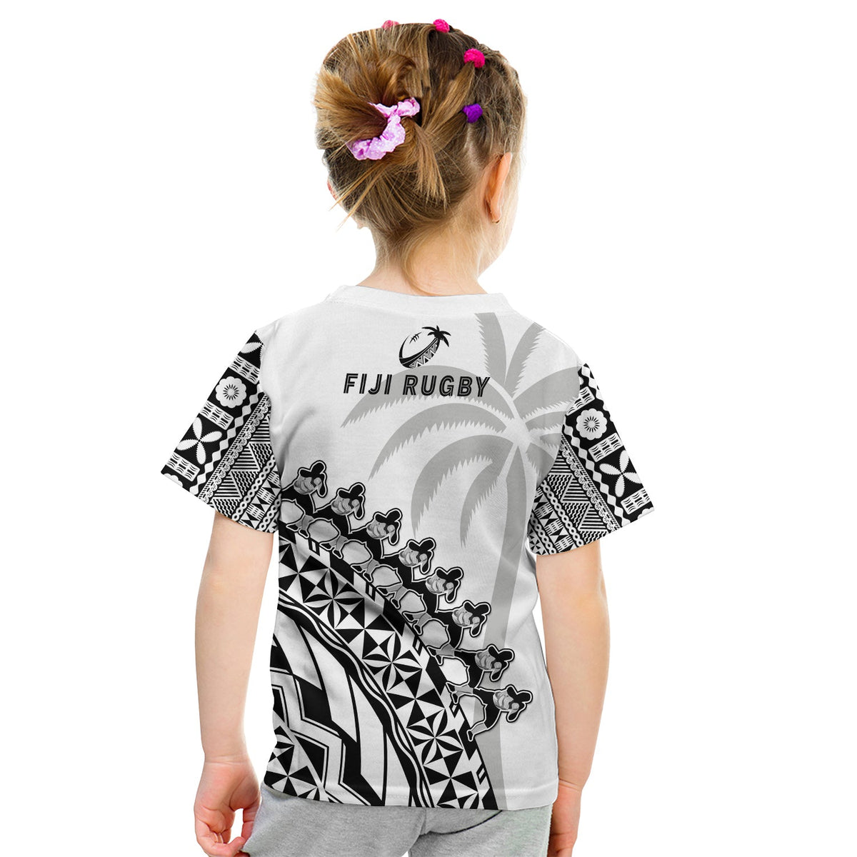 Fiji Rugby T Shirt KID Fijian Cibi Dance Tapa Pattern White LT14 - Polynesian Pride