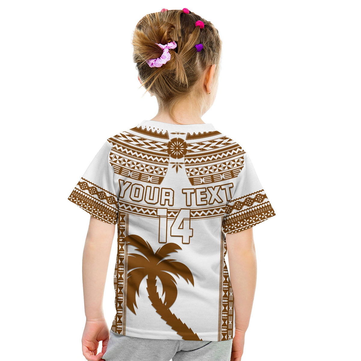 Custom Text And Number Fiji Rugby T Shirt KID Pacific The Bati Brown Fijian Tapa LT14 - Polynesian Pride