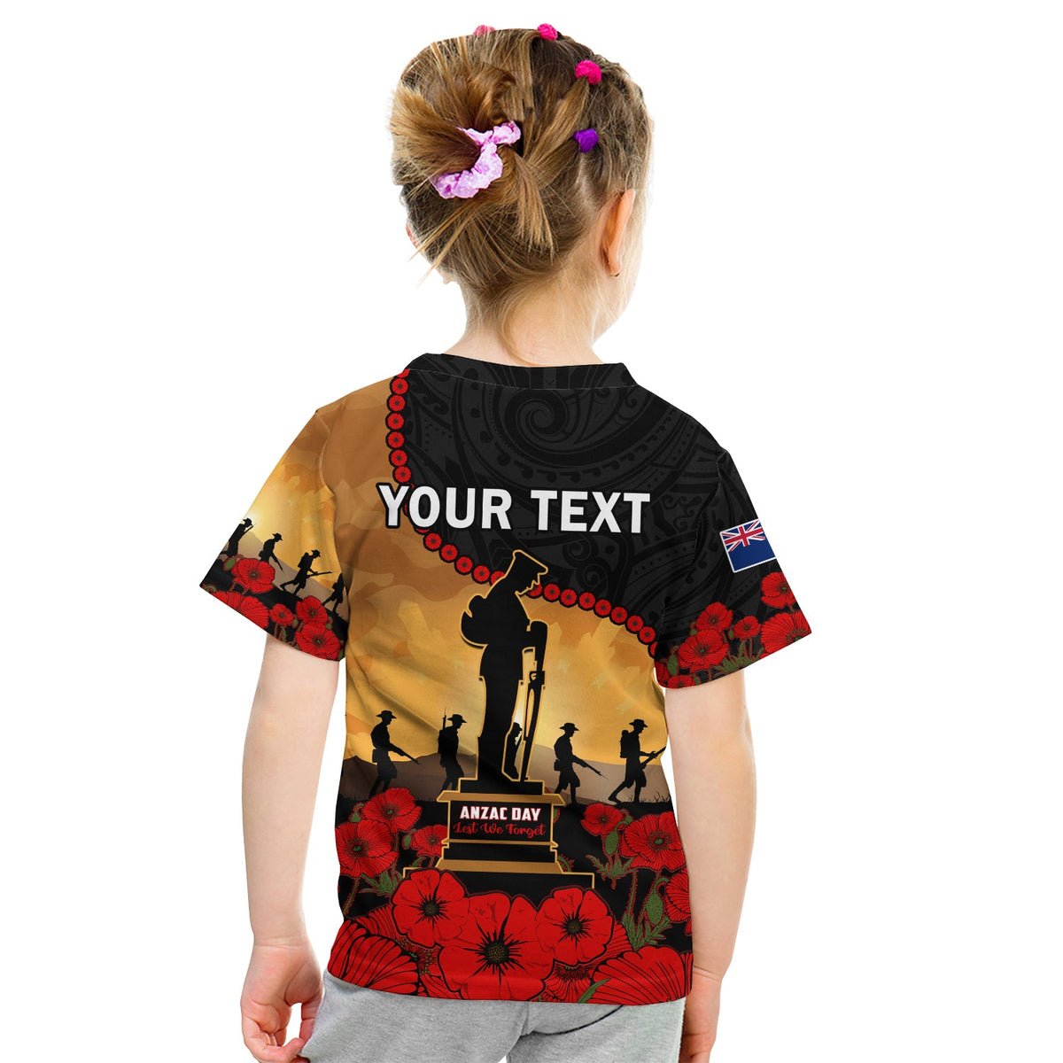 (Custom Personalised) New Zealand Anzac T Shirt KID Maori Camouflage Mix Poppies We Will Remember Them LT14 - Polynesian Pride