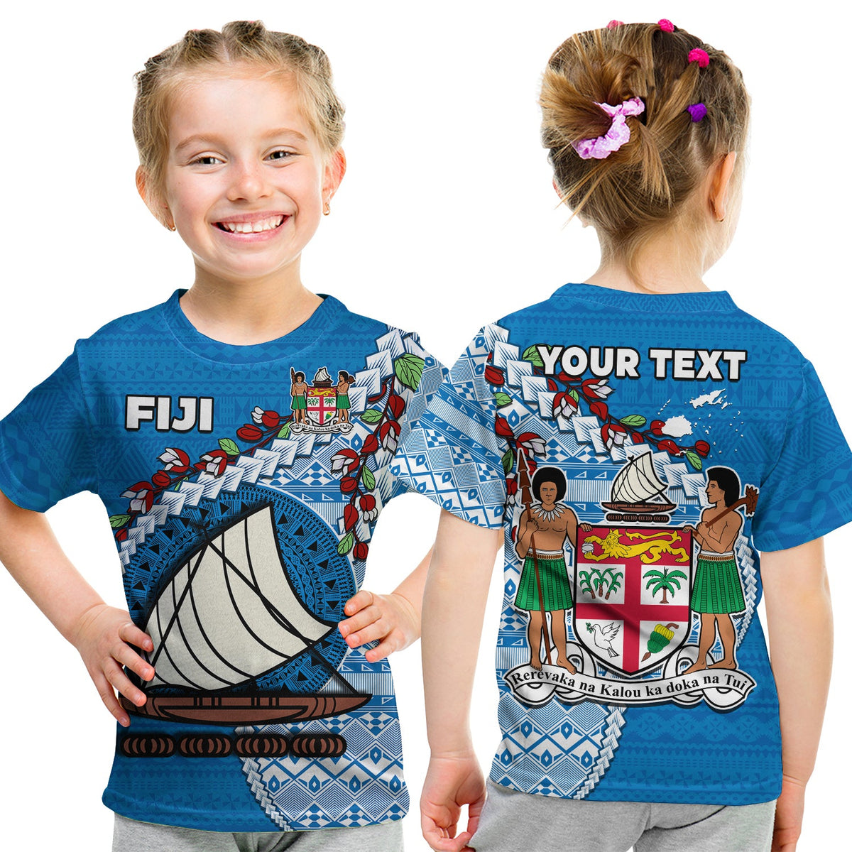 (Custom Personalised) Fiji T Shirt KID Fijian Drua Mix Tagimaucia Flower Blue Style LT14 Youth XL Size14 - Polynesian Pride