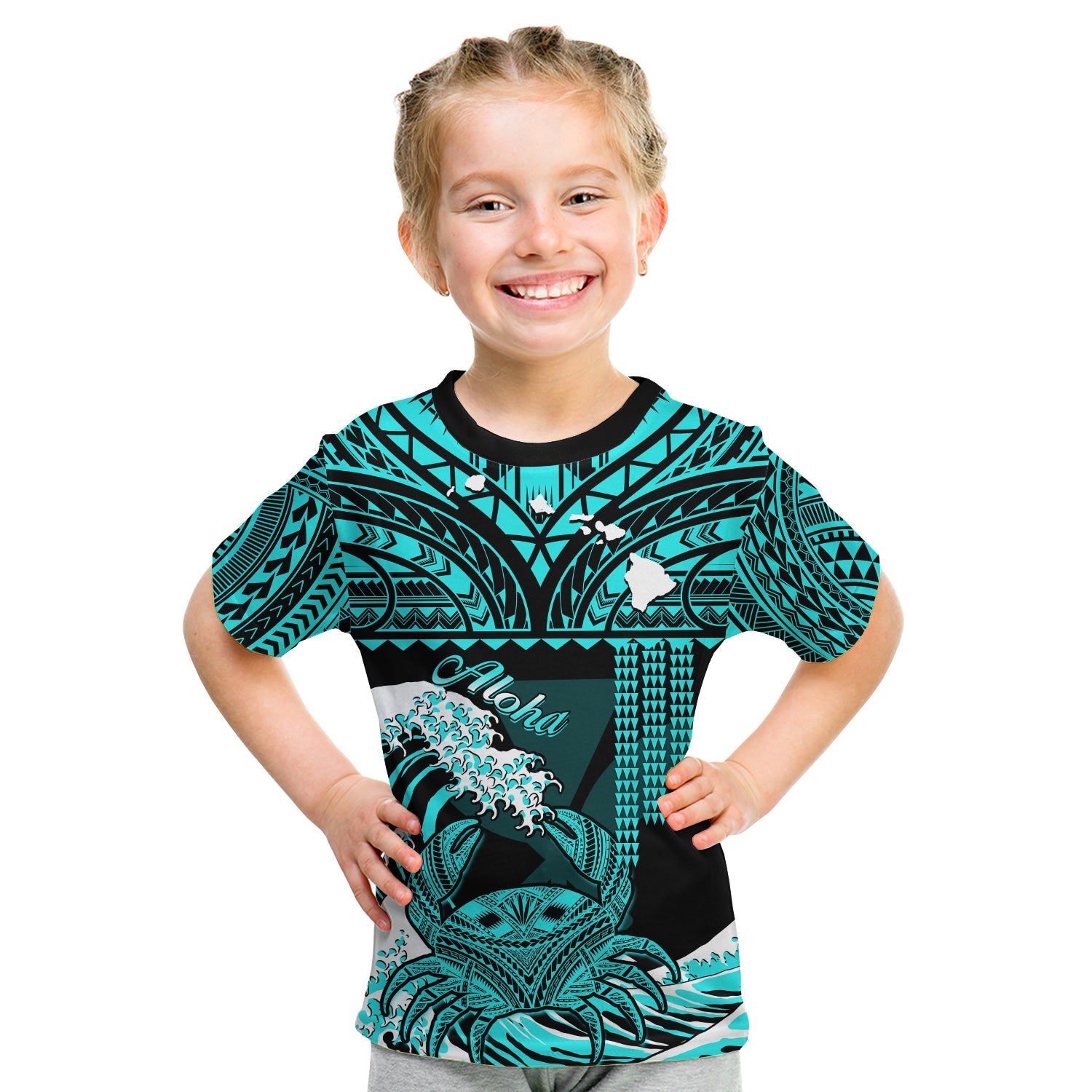 (Custom Personalised) Hawaii T Shirt KID Kakau Polynesian Crab With Waves Ver.01 LT14 Youth XL Size14 - Polynesian Pride