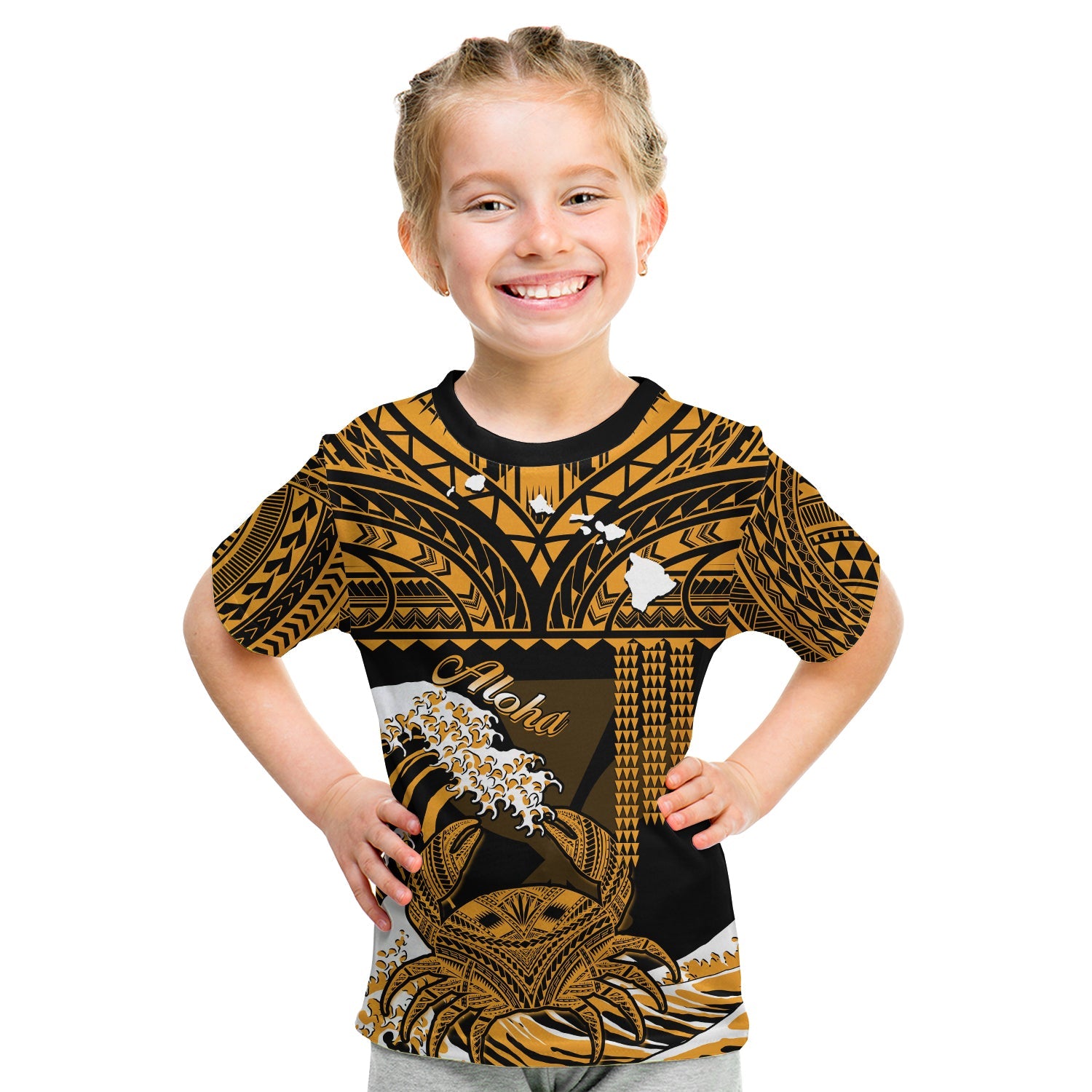 (Custom Personalised) Hawaii T Shirt KID Kakau Polynesian Crab With Waves Ver.02 LT14 Youth XL Size14 - Polynesian Pride