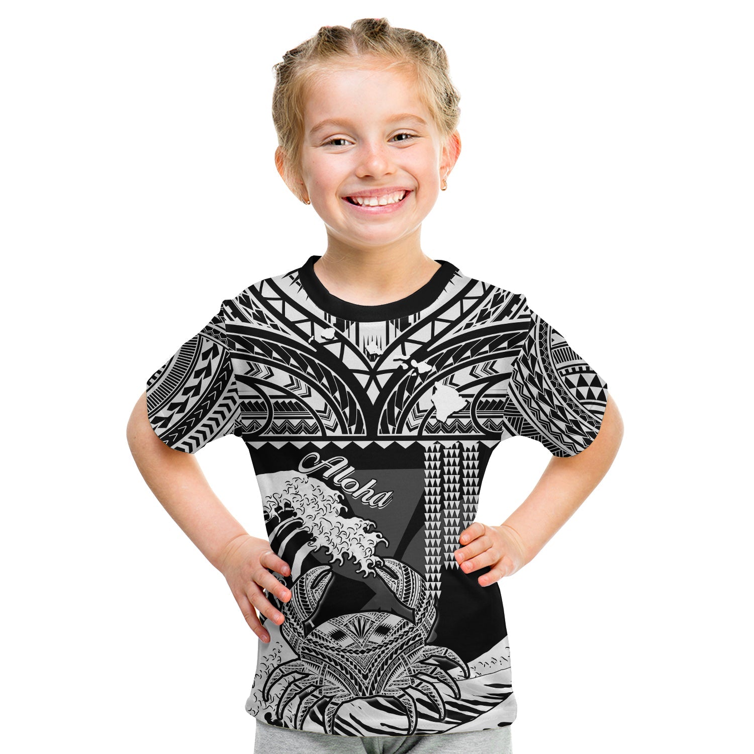 (Custom Personalised) Hawaii T Shirt KID Kakau Polynesian Crab With Waves Ver.04 LT14 - Polynesian Pride