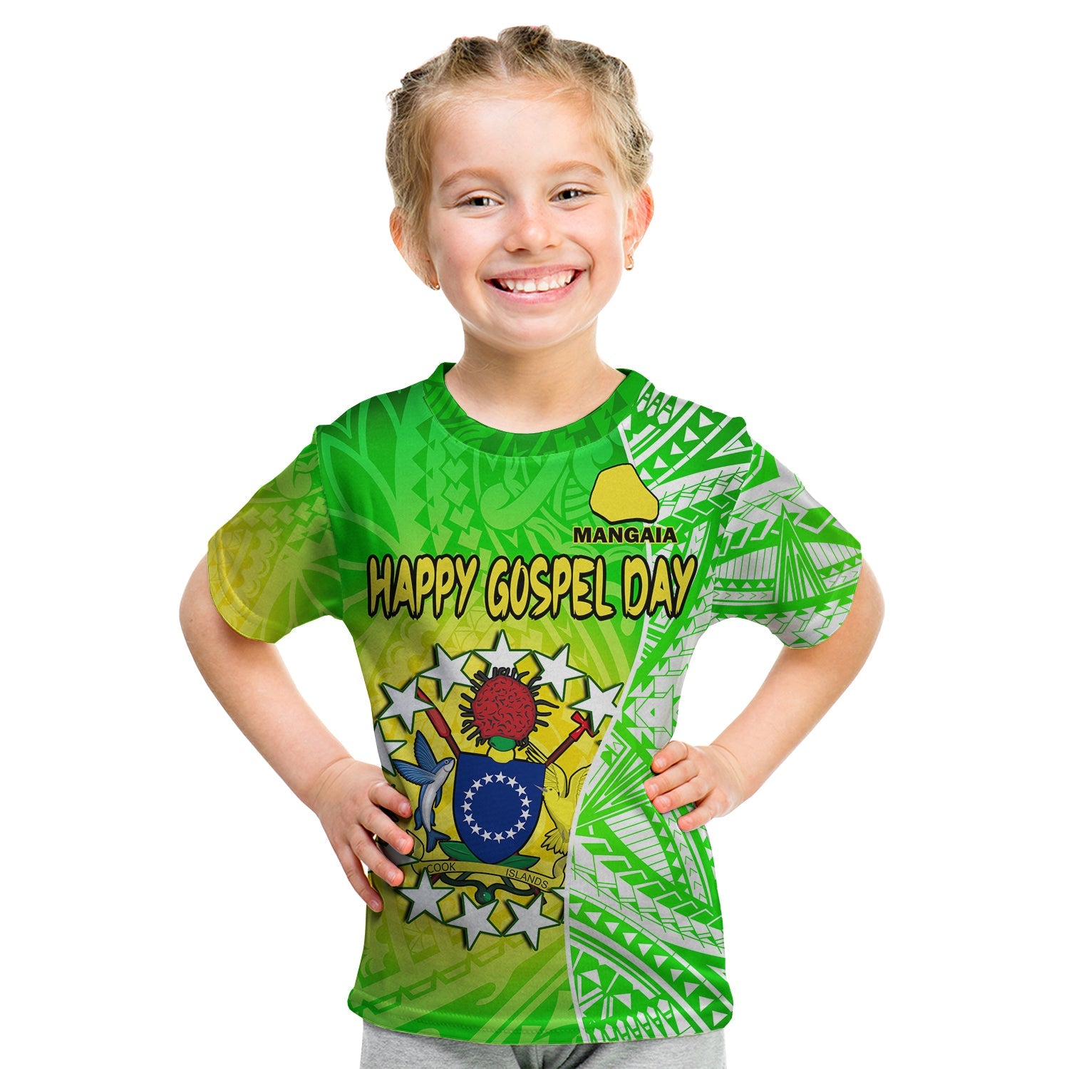 Happy Mangaia Gospel Day T Shirt KID Cook Islands Coat Of Arms Polynesian Pattern LT14 - Polynesian Pride