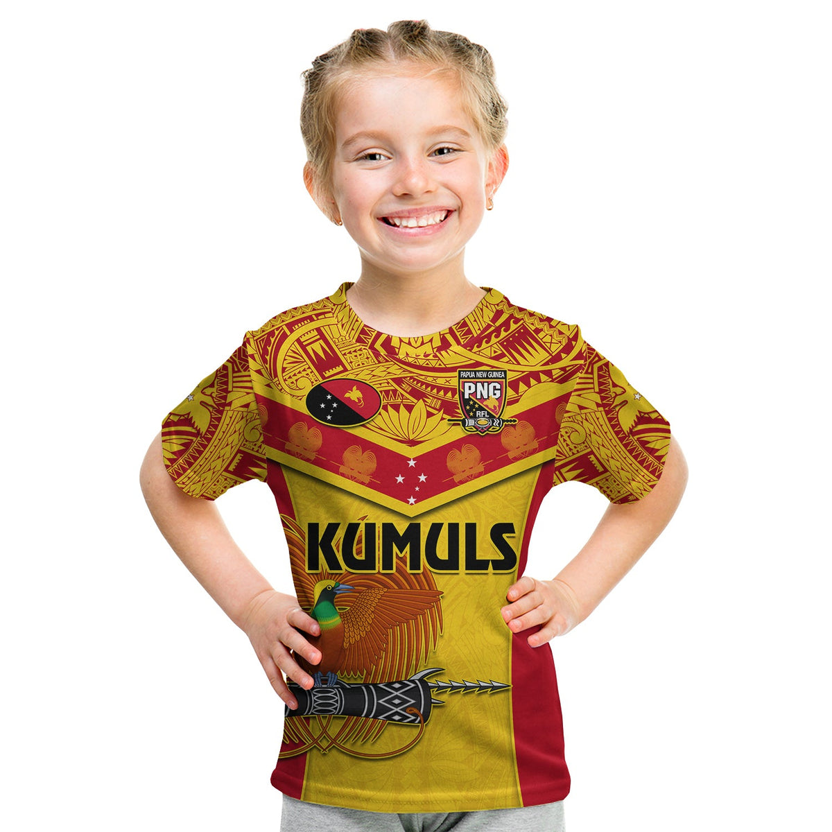 Papua New Guinea Rugby T Shirt KID PNG Kumuls Bird Of Paradise Yellow LT14 - Polynesian Pride