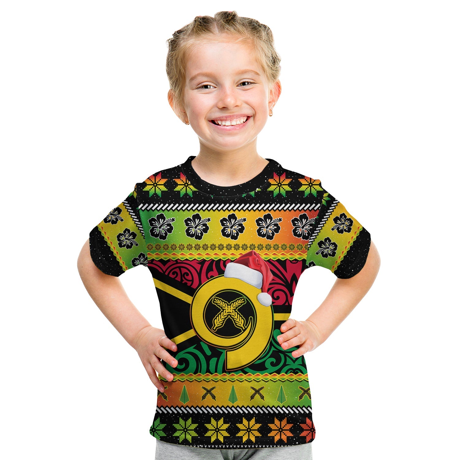 Vanuatu Christmas T Shirt KID Pig Tusk Polynesian Joyeux Noel Flag Art LT14 - Polynesian Pride