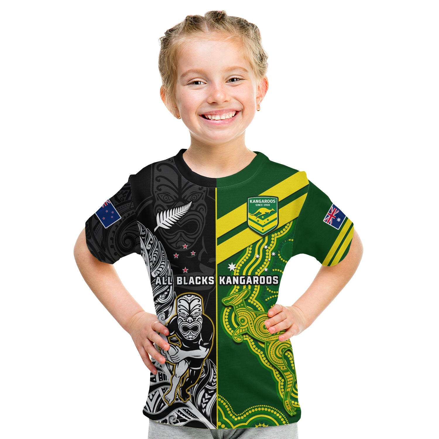 (Custom Personalised) Australia Kangaroos And All Black Rugby T Shirt KID Aboriginal Mix NZ Maori Fern LT14 - Polynesian Pride