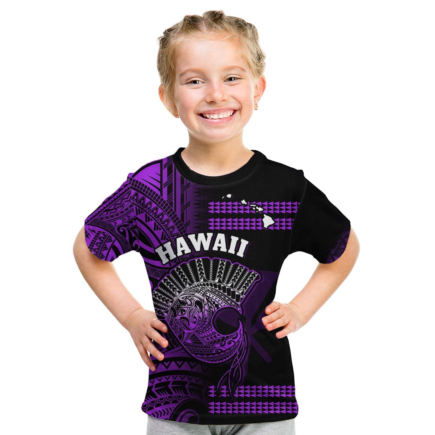 (Custom Personalised) Hawaii T Shirt KID Kakau Warrior Helmet Gradient Purple Polynesian LT14 - Polynesian Pride