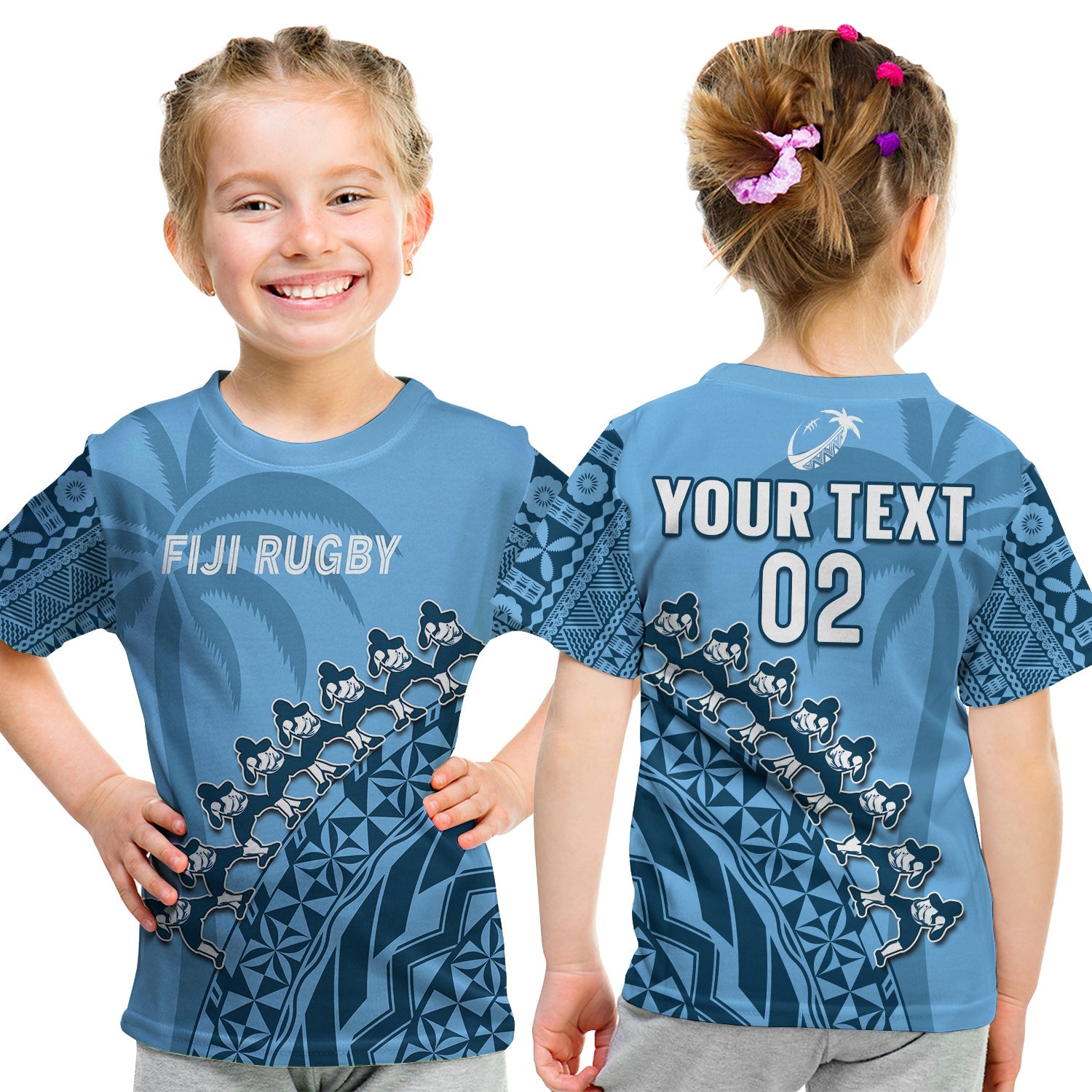 (Custom Text And Number) Fiji Tapa Rugby T Shirt KID Fijian Cibi Dance Tapa Pattern Blue LT14 - Polynesian Pride