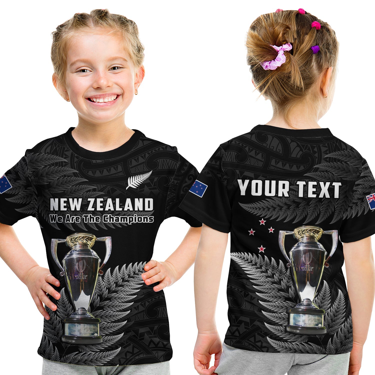 (Custom Personalised) New Zealand 2022 Rugby T Shirt KID Black Fern Proud Champions RWC LT14 - Polynesian Pride