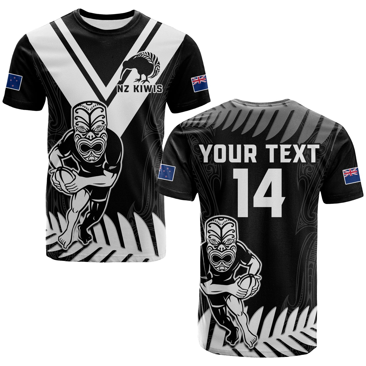 (Custom Text and Number) New Zealand Silver Fern Rugby T Shirt NZ Kiwi Pacific Maori Sporty LT14 Black - Polynesian Pride