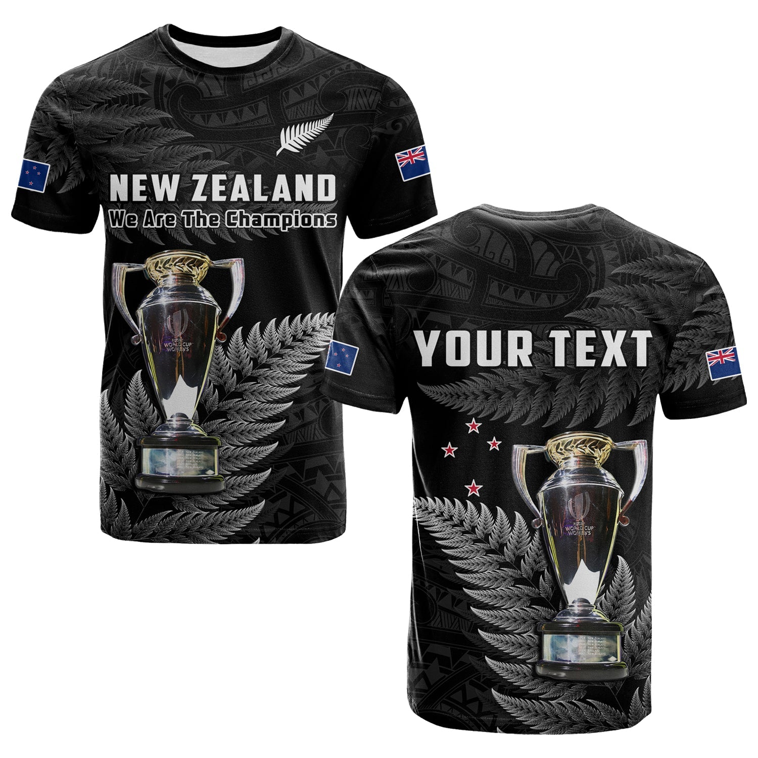 Custom New Zealand 2022 Rugby T Shirt Black Fern Proud Champions RWC LT14 Black - Polynesian Pride