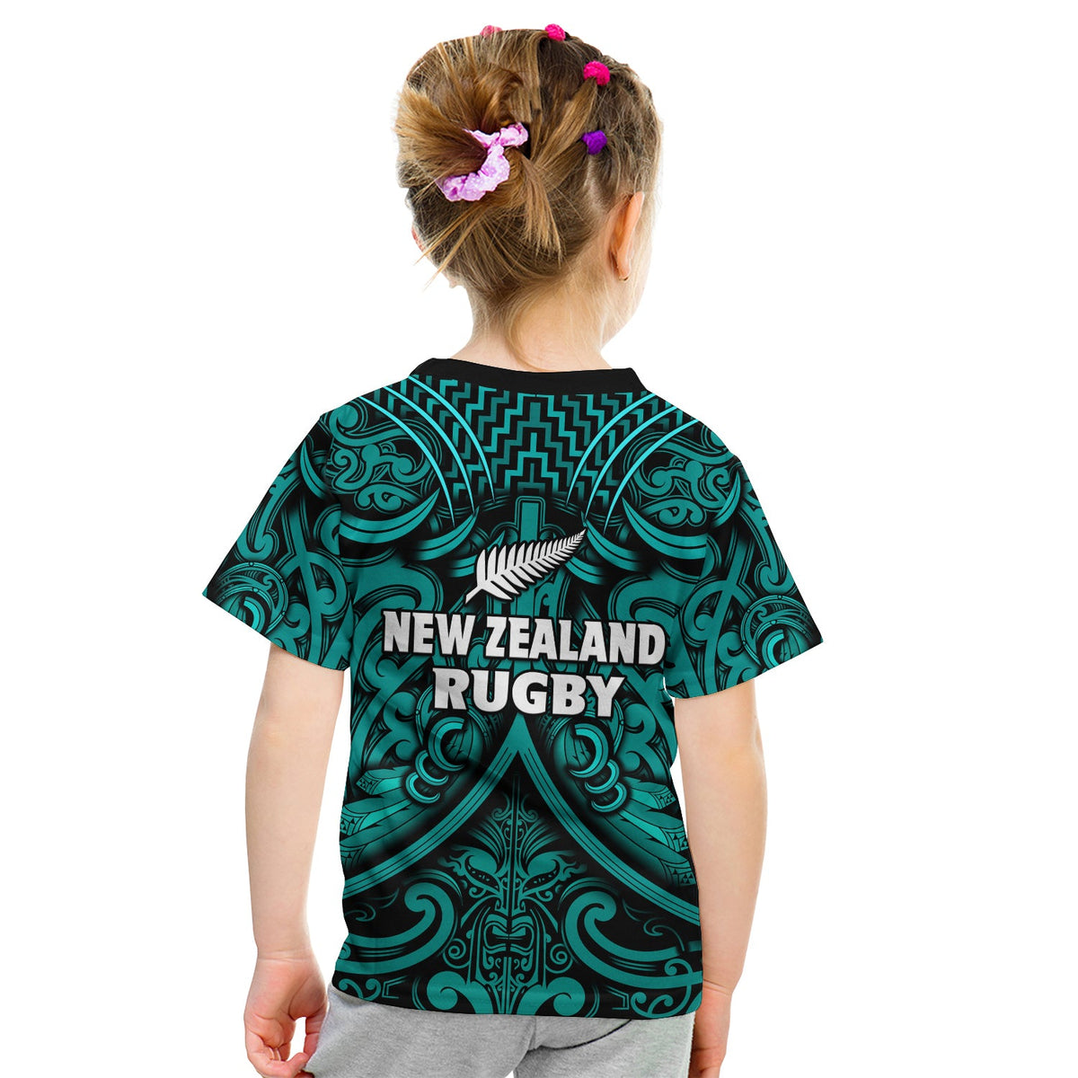 New Zealand Silver Fern Rugby T Shirt KID All Black Turquoise NZ Maori Pattern LT13 - Polynesian Pride