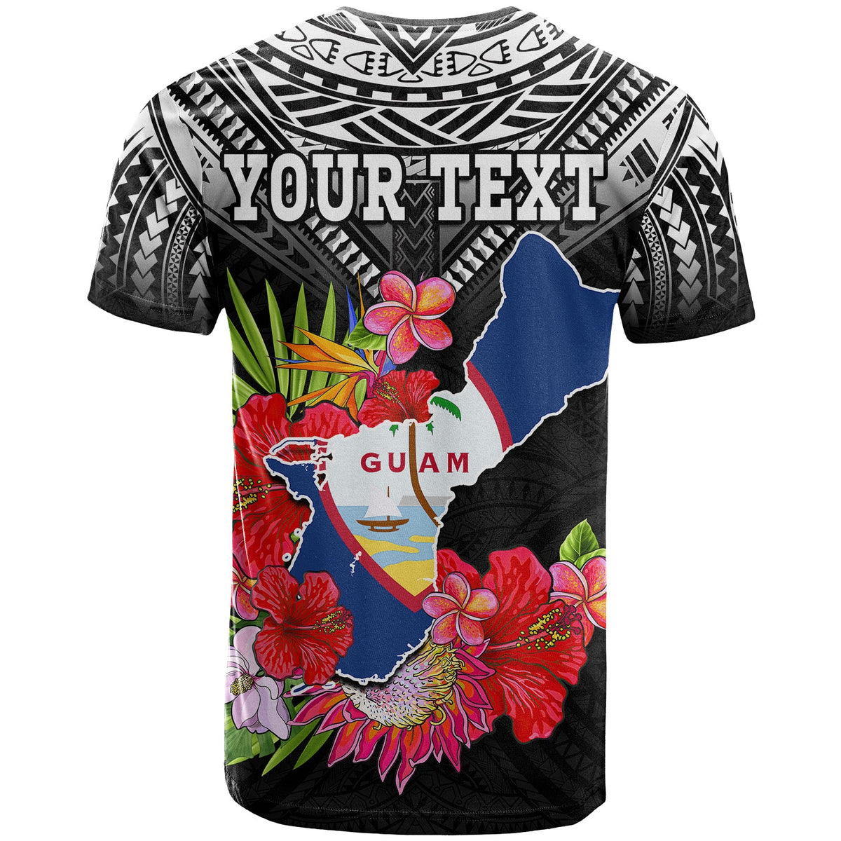 Custom Guam Chamorro T Shirt Guaman Latte Stone Tropical Flowers Black Style LT14 - Polynesian Pride