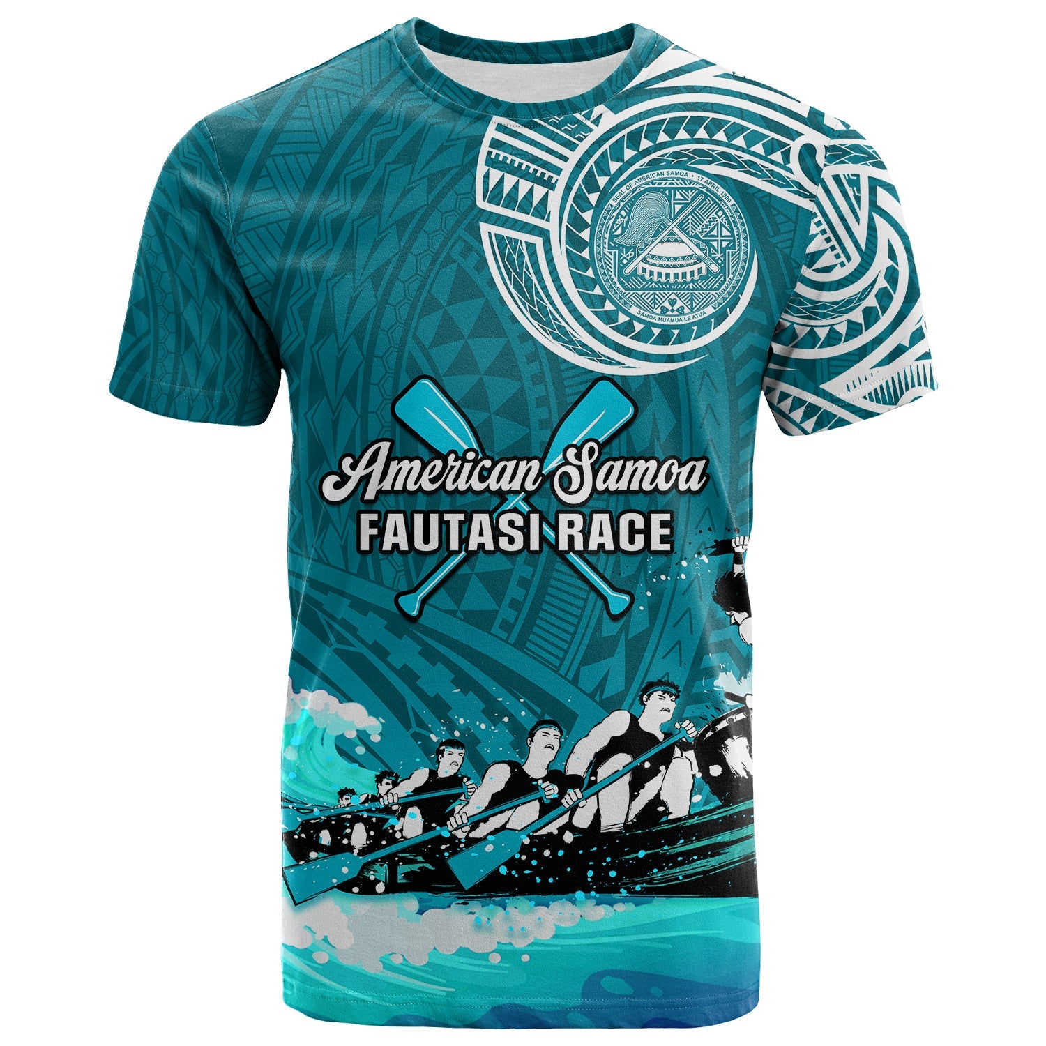 Custom American Samoa T Shirt Fautasi Race Samoan Pattern Ver.03 LT14 Turquoise - Polynesian Pride