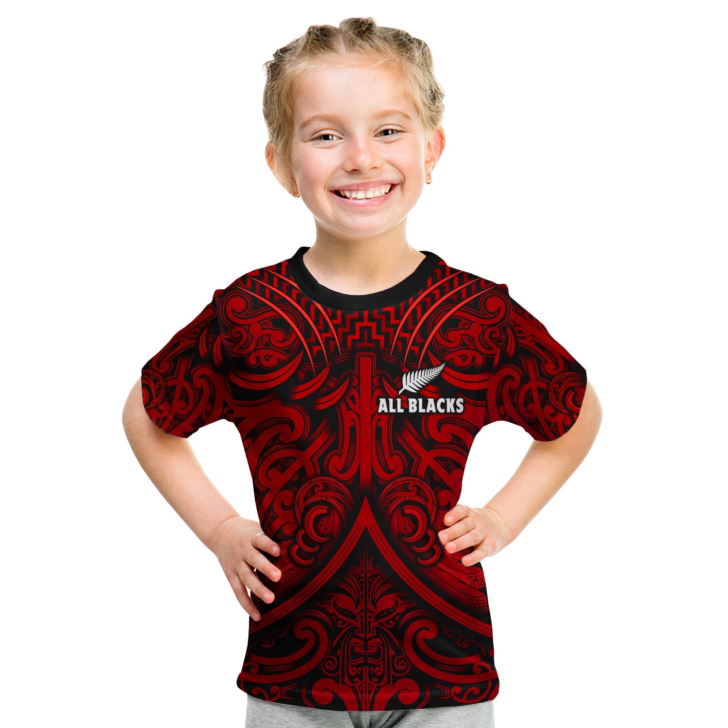 (Custom Text and Number) New Zealand Silver Fern Rugby T Shirt KID All Black Red NZ Maori Pattern LT13 - Polynesian Pride