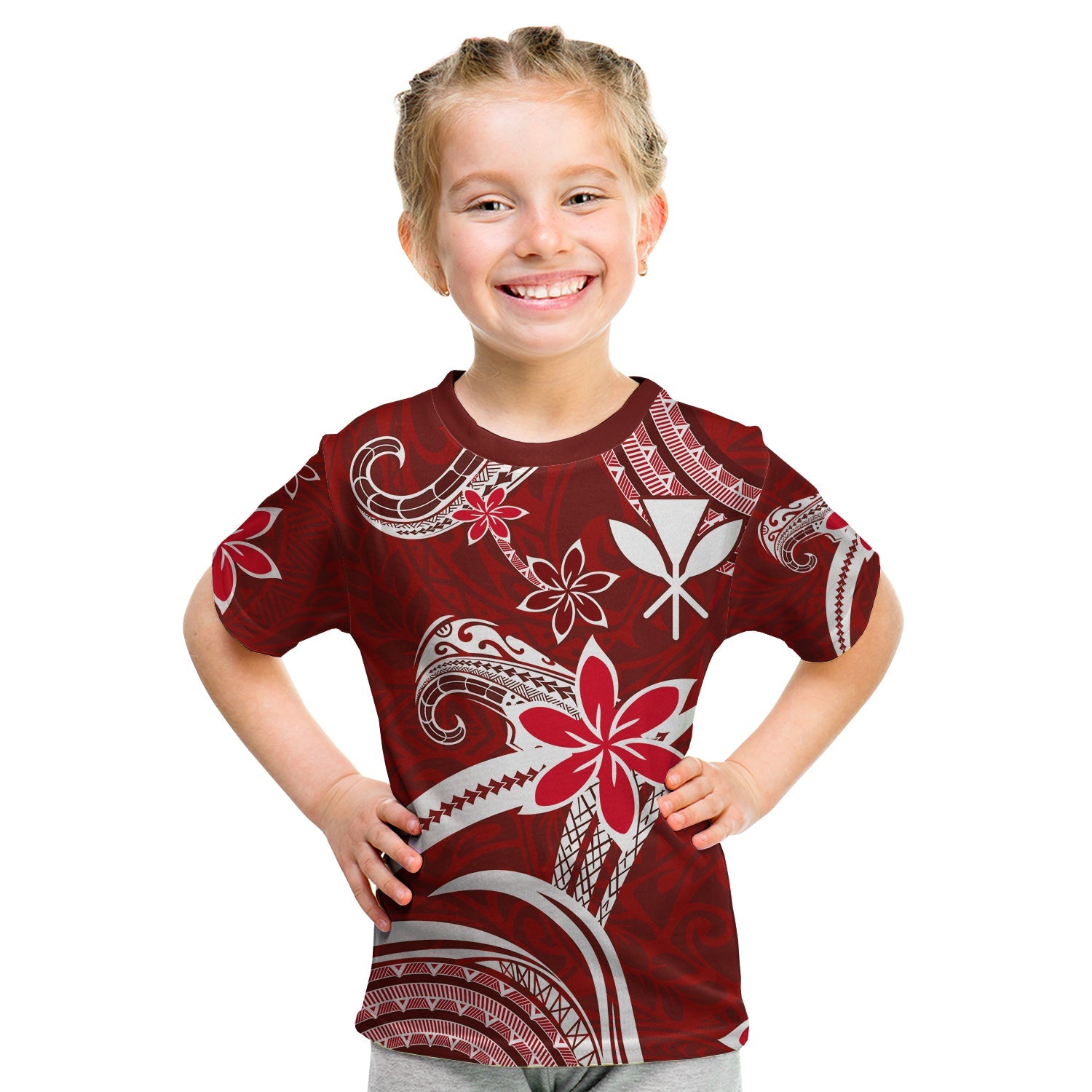 (Custom Personalised) Hawaii Flowers Wave T Shirt KID Kanaka Maoli Red Polynesian LT13 - Polynesian Pride