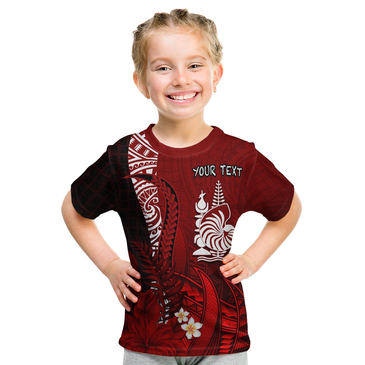 (Custom Personalised) New Caledonia T Shirt KID Nautilus Red Polynesian Hibiscus LT13 Youth XL Size14 - Polynesian Pride