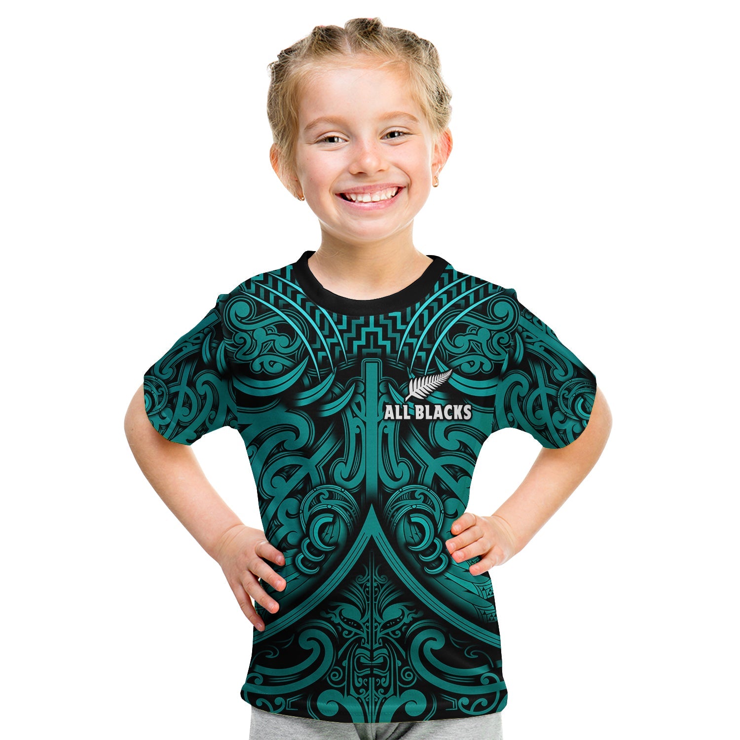 (Custom Text and Number) New Zealand Silver Fern Rugby T Shirt KID All Black Turquoise NZ Maori Pattern LT13 - Polynesian Pride