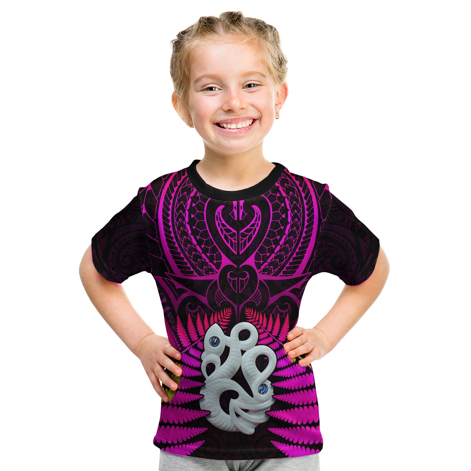 (Custom Text and Number) Aotearoa Fern T Shirt KID New Zealand Hei Tiki Purple Style LT13 - Polynesian Pride