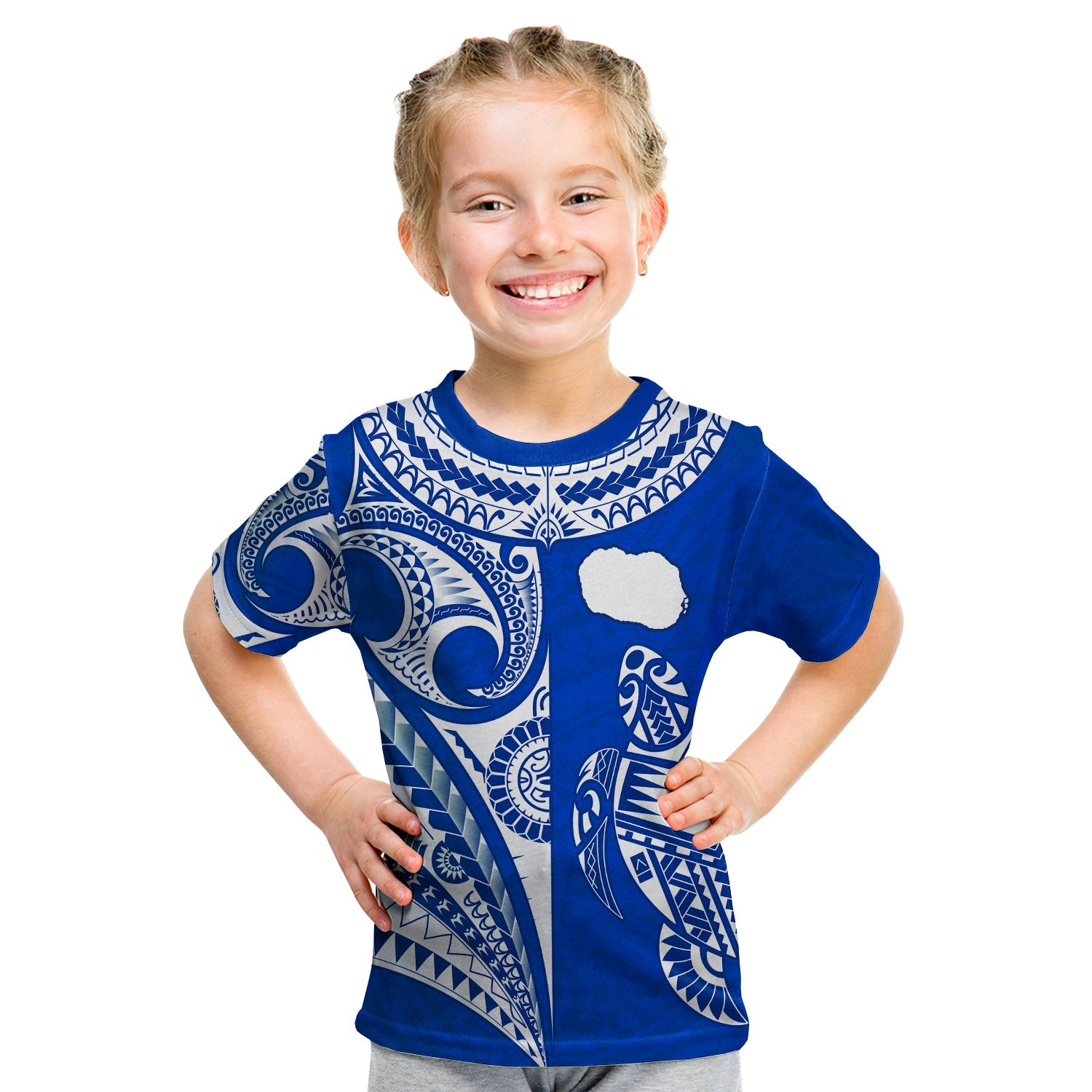 Rarotonga Cook Islands T Shirt KID Turtle and Map Style Blue LT13 - Polynesian Pride