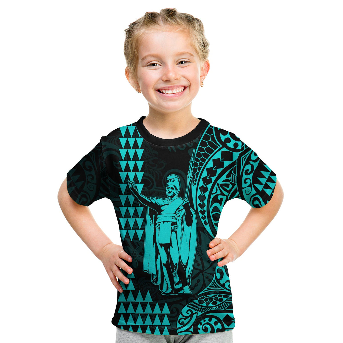 Hawaii Day Kakau T Shirt KID Proud To Be Hawaiian Turquoise King Kamehameha and Kanaka Maoli LT13 - Polynesian Pride