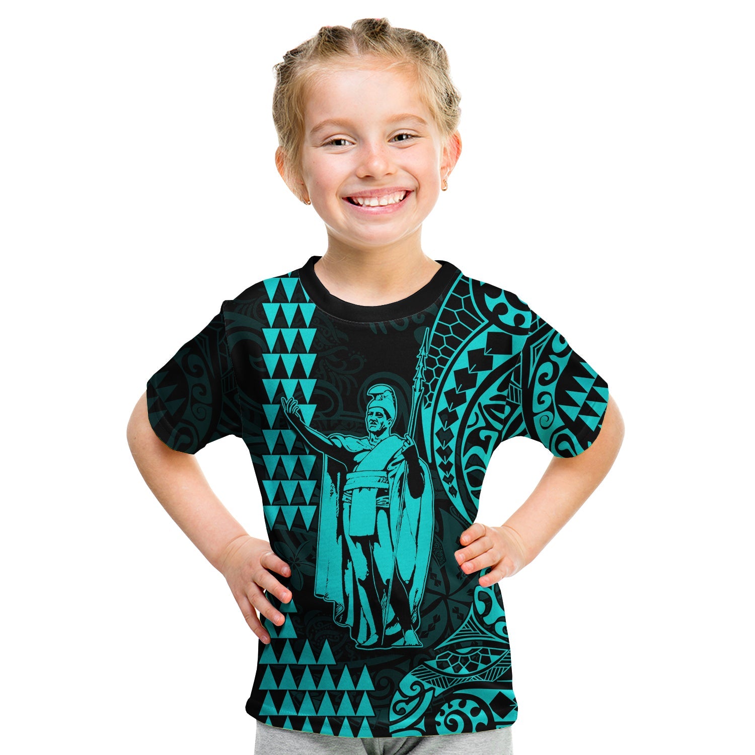 Hawaii Day Kakau T Shirt KID Proud To Be Hawaiian Turquoise King Kamehameha and Kanaka Maoli LT13 - Polynesian Pride