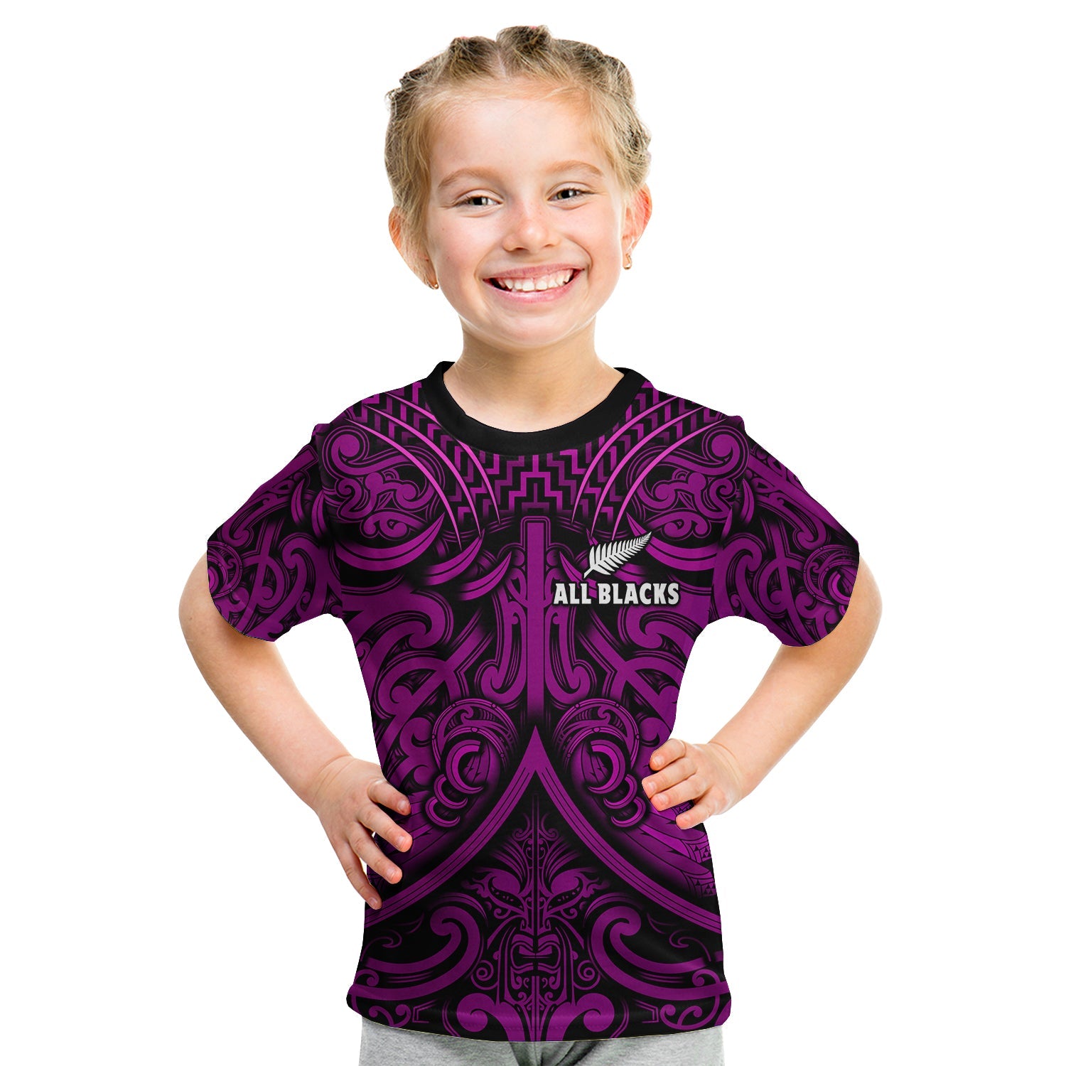 (Custom Text and Number) New Zealand Silver Fern Rugby T Shirt KID All Black Purple NZ Maori Pattern LT13 - Polynesian Pride