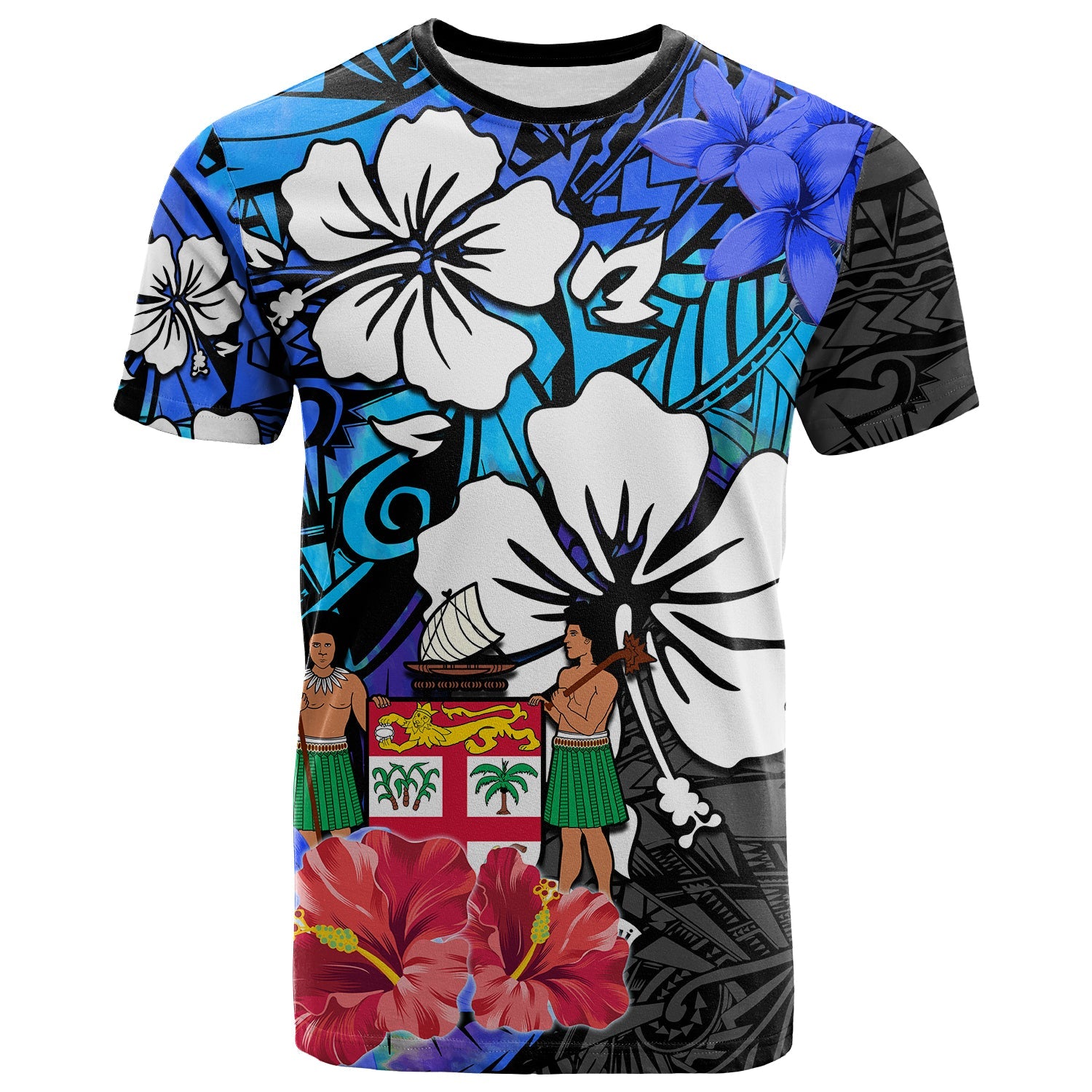 Fiji Tie Dye T Shirt Polynesian Blue Tribal Creative Tropical Flowers LT13 Blue - Polynesian Pride