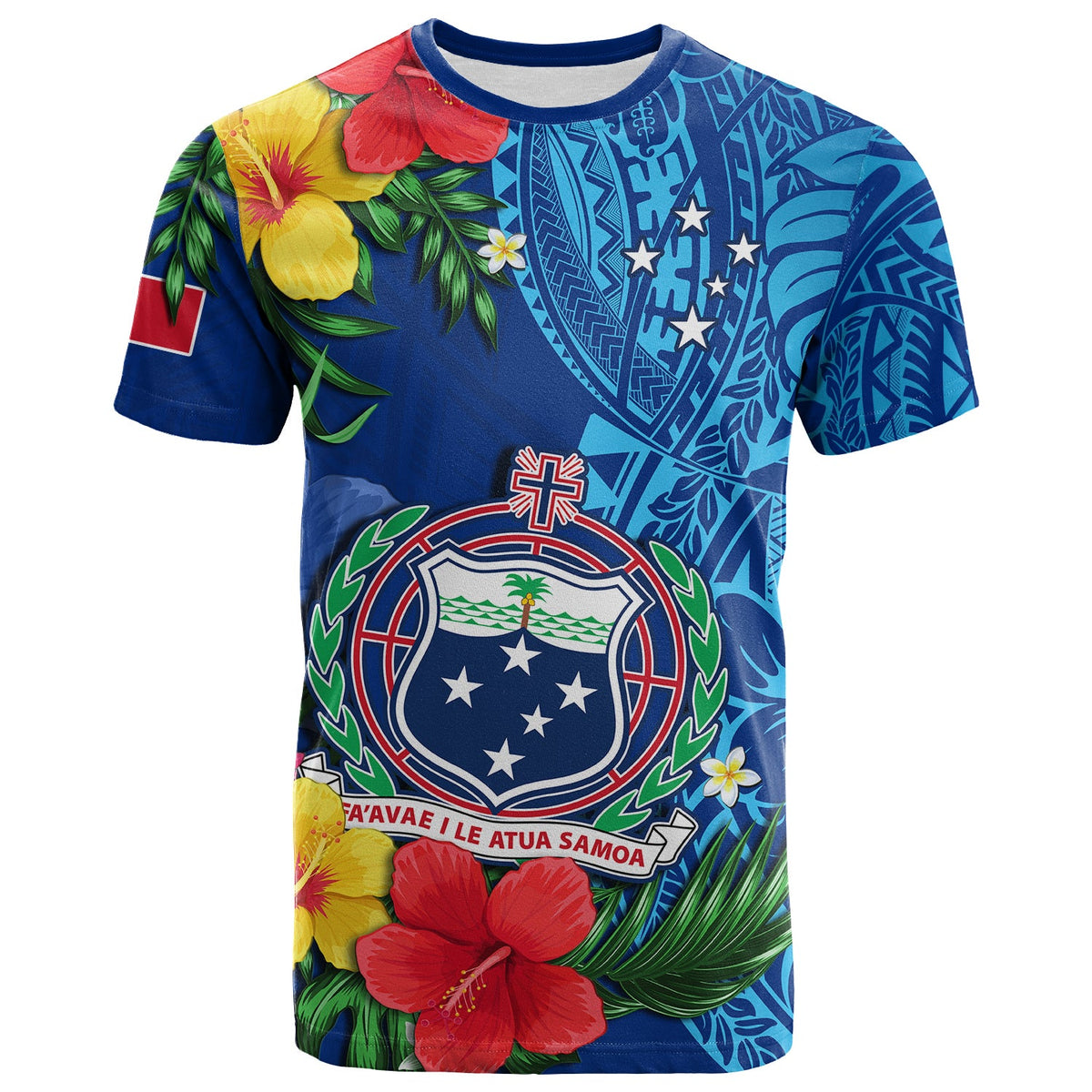 Custom Samoa T Shirt Coat of Arms Mix Tropical Flowers LT14 - Polynesian Pride