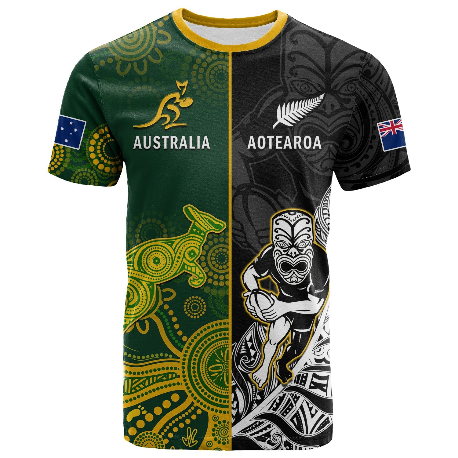 Australia Rugby Mix Aotearoa Rugby T Shirt Wallabies All Black Special Version LT14 Black - Polynesian Pride