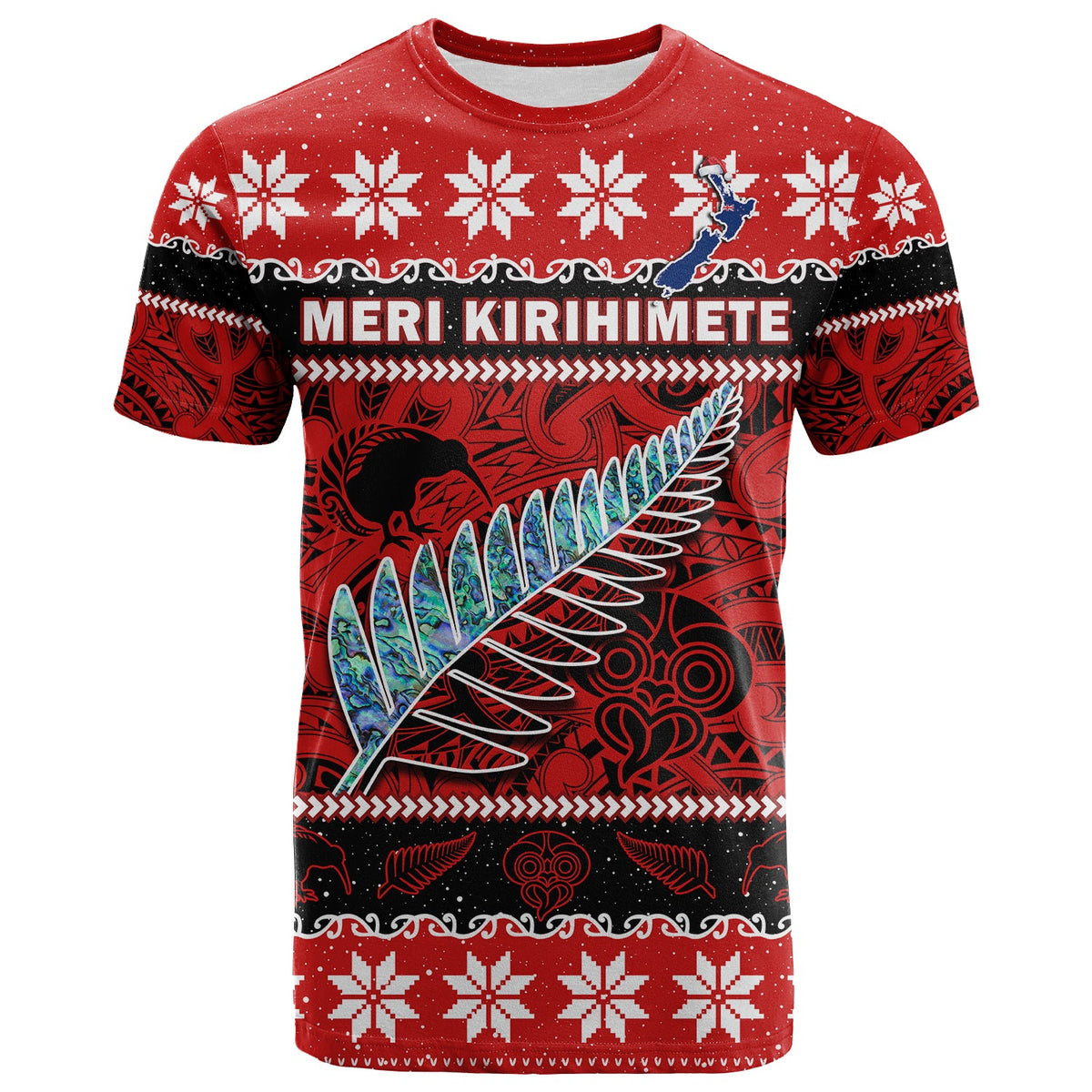 New Zealand Christmas T Shirt Paua Shell Silver Fern Meri Kirihimete LT14 Red - Polynesian Pride