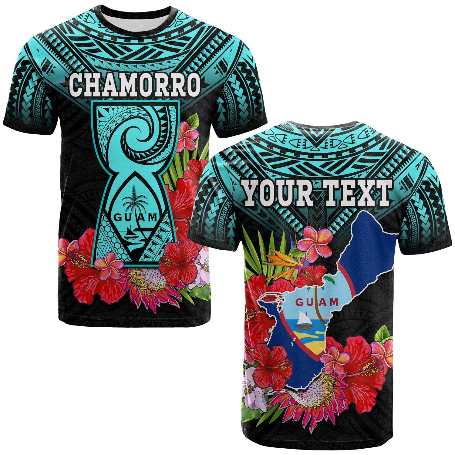 Custom Guam Chamorro T Shirt Guaman Latte Stone Tropical Flowers Turquoise Style LT14 Adult Turquoise - Polynesian Pride