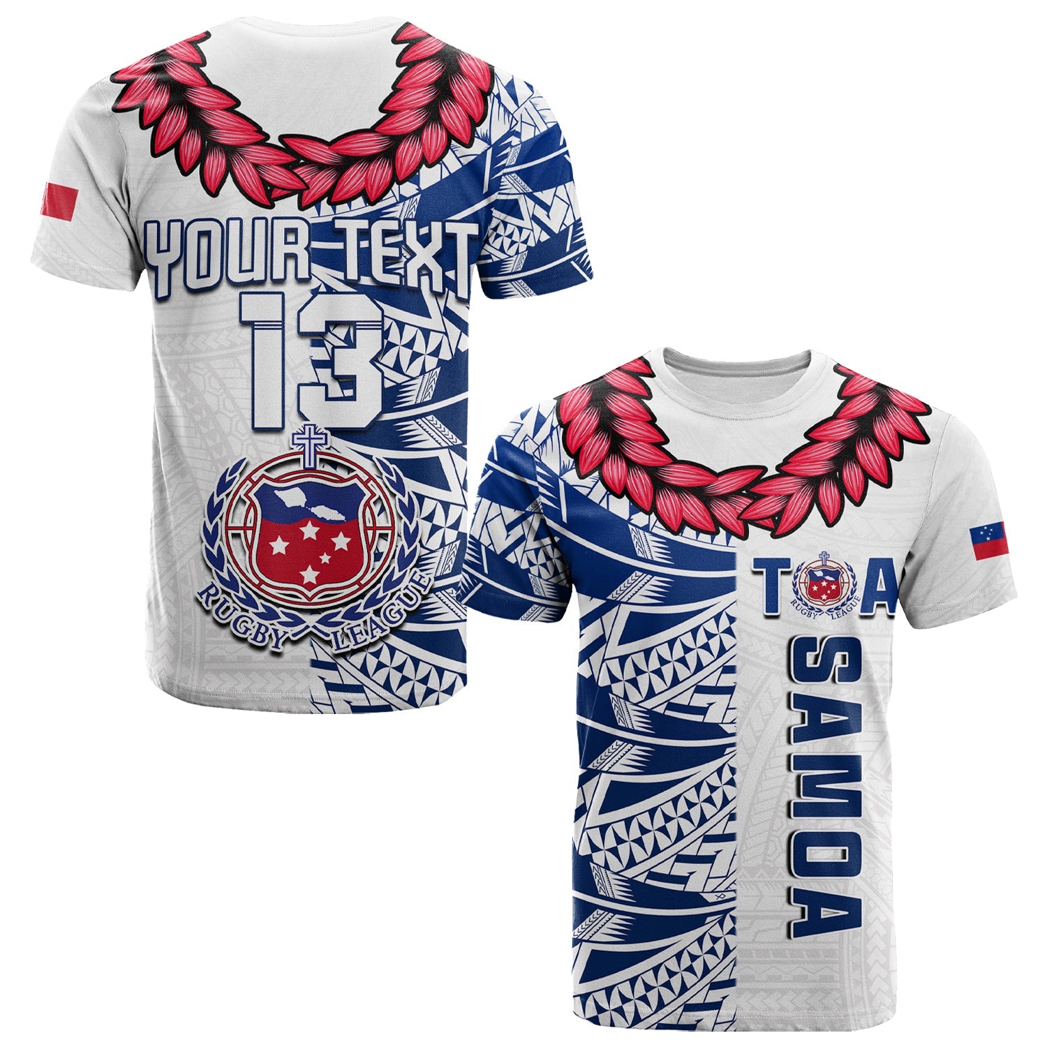 (Custom Text and Number) Toa Samoa Rugby T Shirt Siamupini Ula Fala White LT13 White - Polynesian Pride