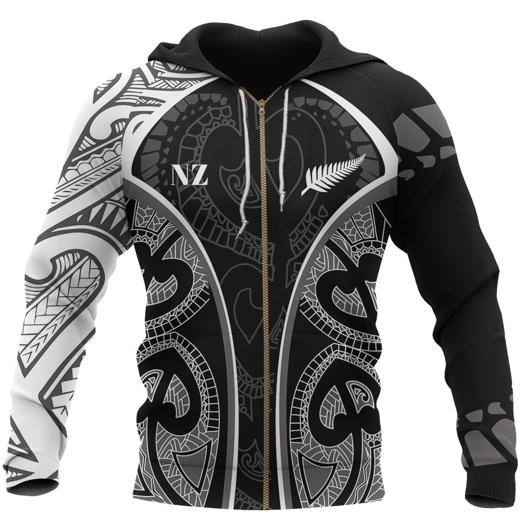 Maori Ta Moko Tattoo Zip Hoodie, Rugby Full Zip Hoodie Unisex Black - Polynesian Pride