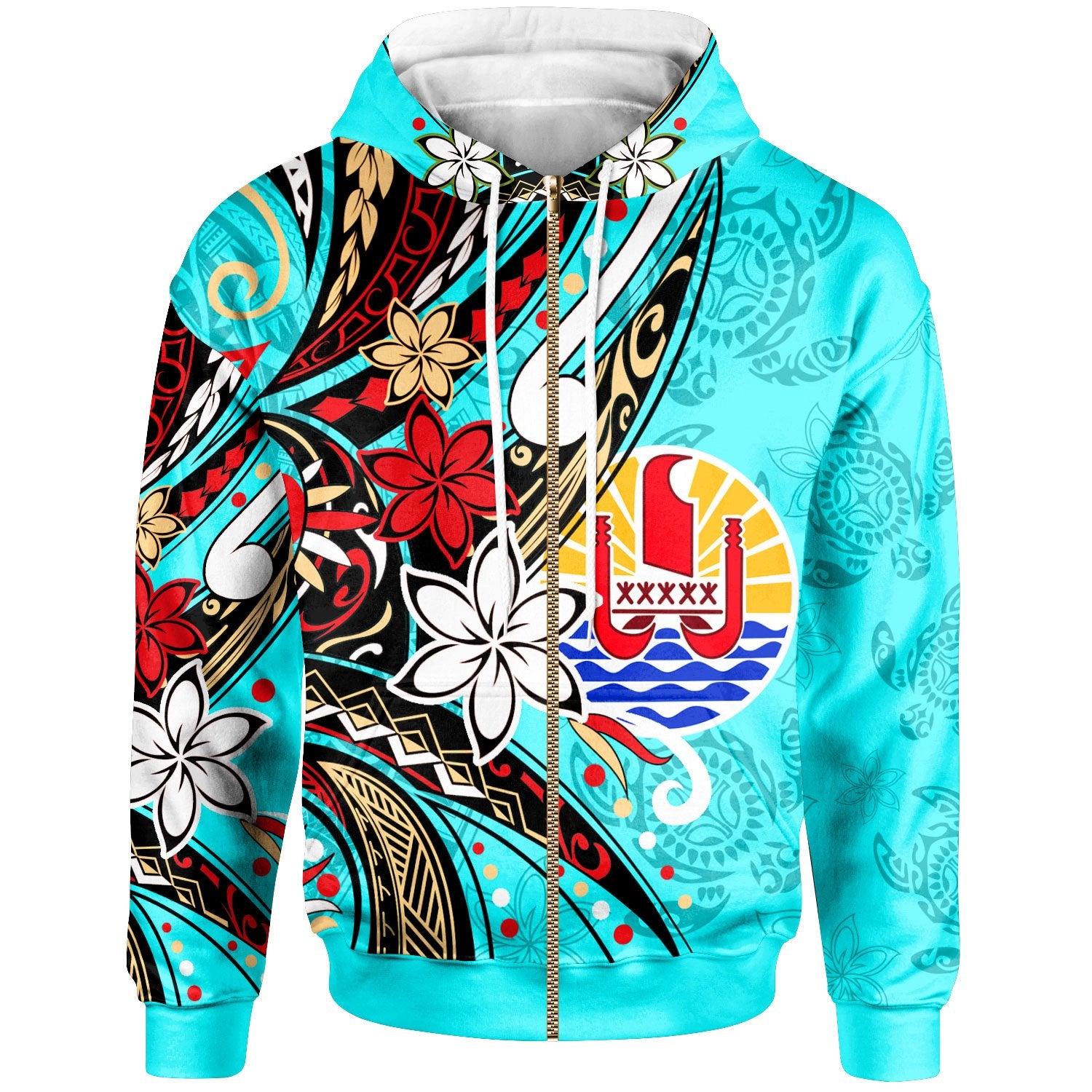 Tahiti Zip Hoodie Tribal Flower With Special Turtles Blue Color Unisex Blue - Polynesian Pride