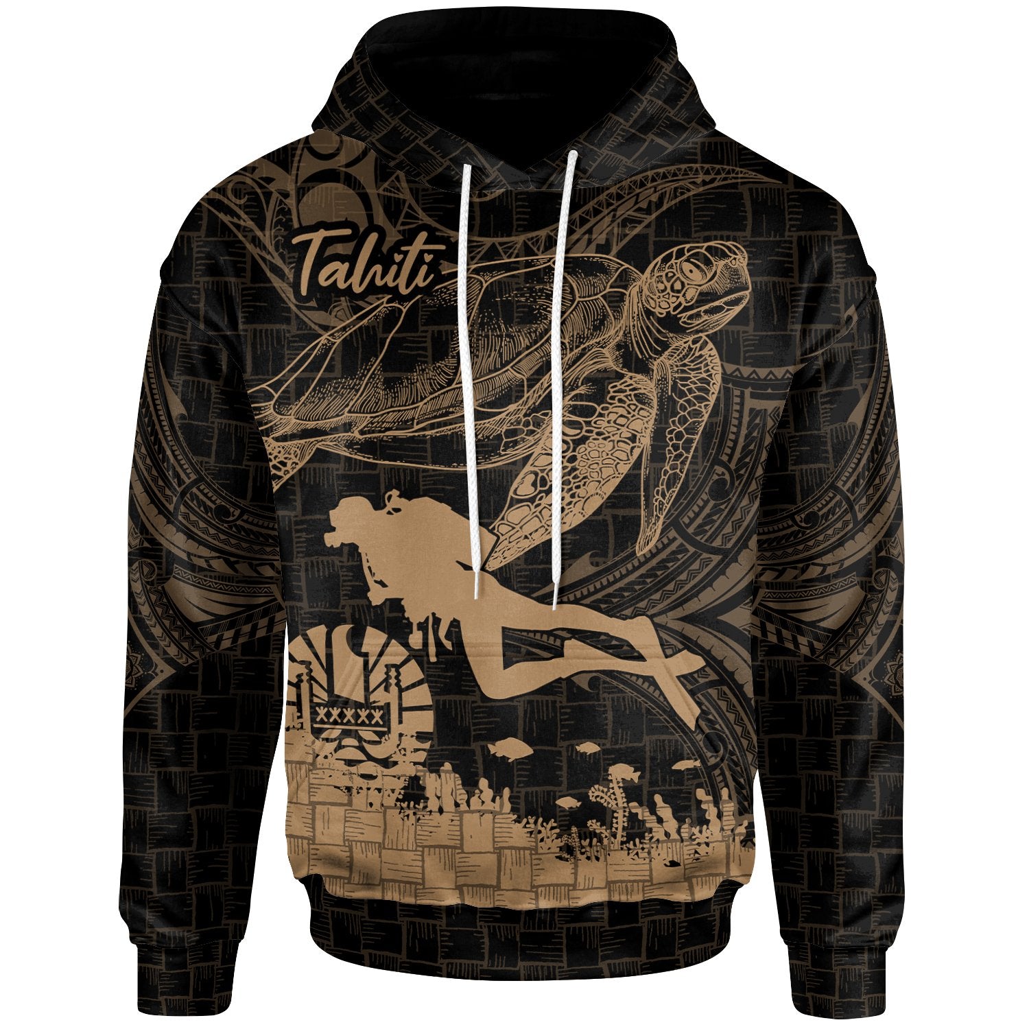 Tahiti Hoodie Scuba Diving With Turtle Unisex Gold - Polynesian Pride