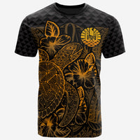 Tahiti Polynesian T Shirt Tahitian FLag Turtle Hibiscus Gold Unisex Gold - Polynesian Pride