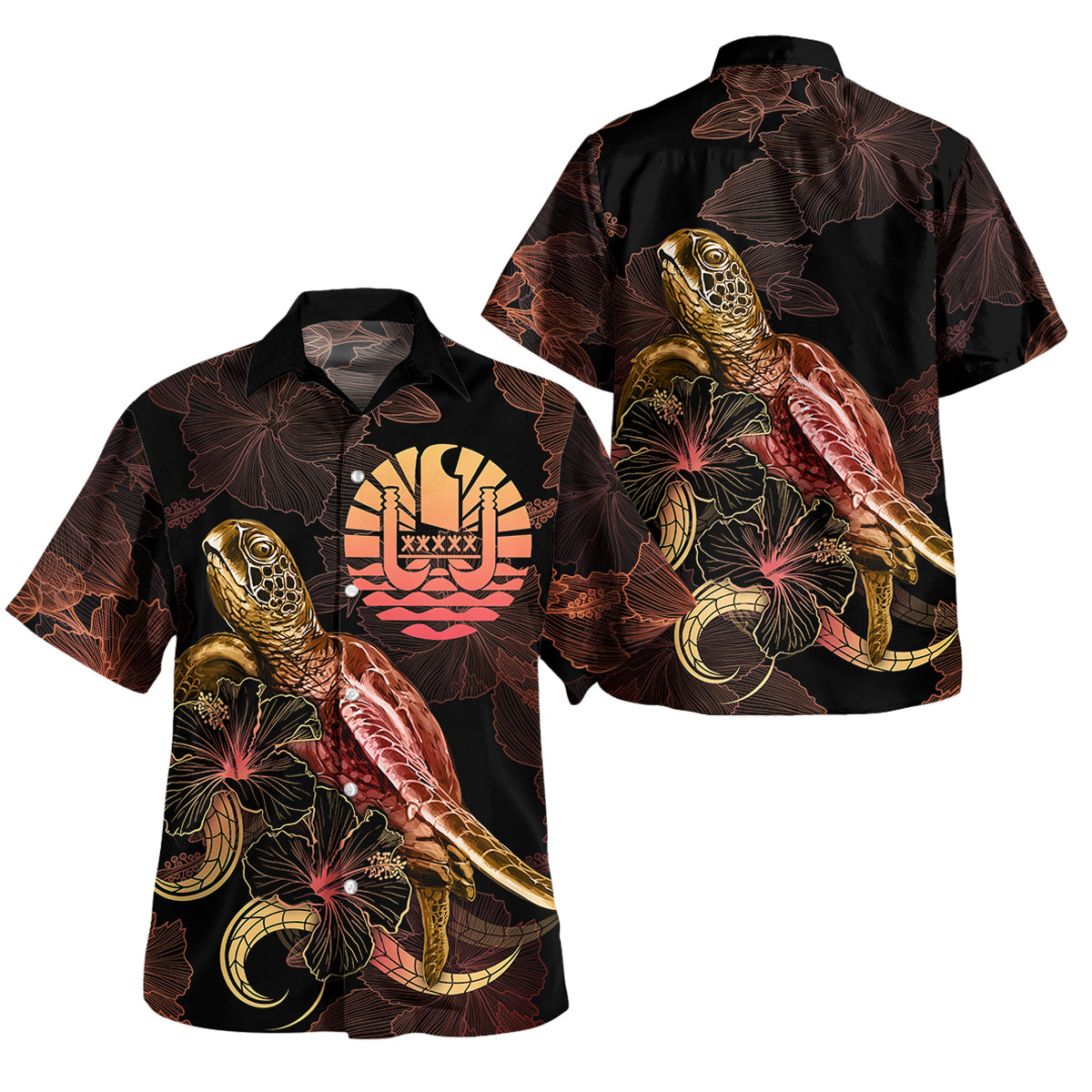 Tahiti Short Sleeve Shirt - Custom Tahiti Pride With Polynesian Turtle Blooming Hibiscus Gold Unisex Gold - Polynesian Pride