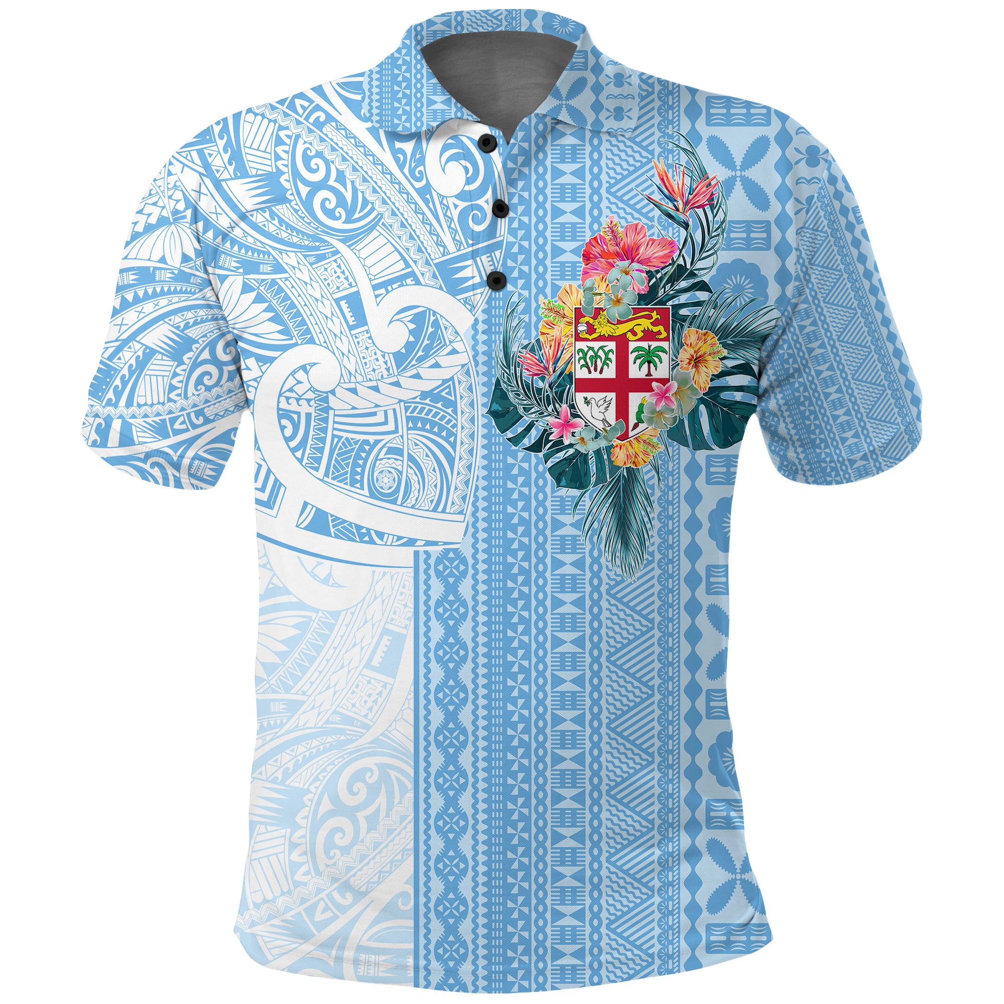 Fiji Tapa Pattern with Hibiscus Polo Shirt Fiji In My Heart LT7 Cerulean - Polynesian Pride