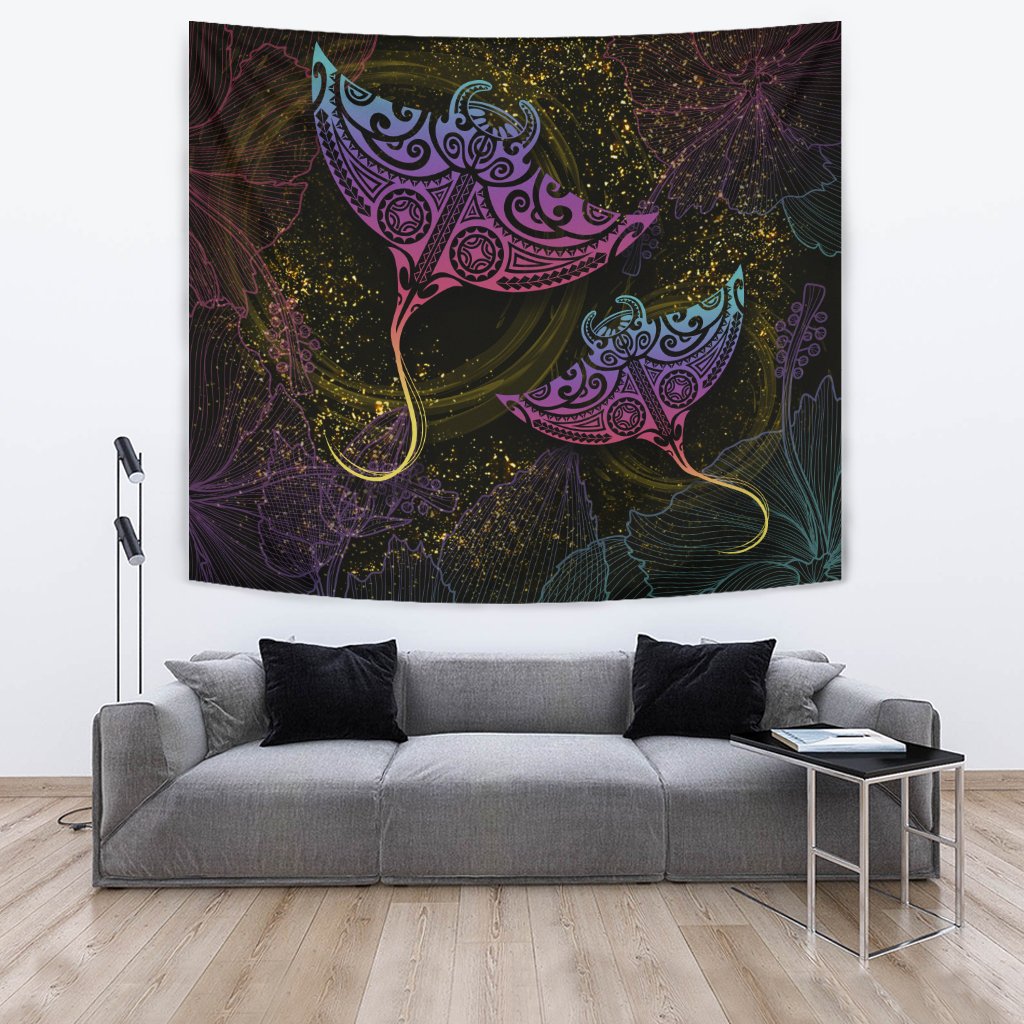 Hawaii Manta Ray Hibiscus Tapestry - Glitter Style - AH Wall Tapestry Black - Polynesian Pride