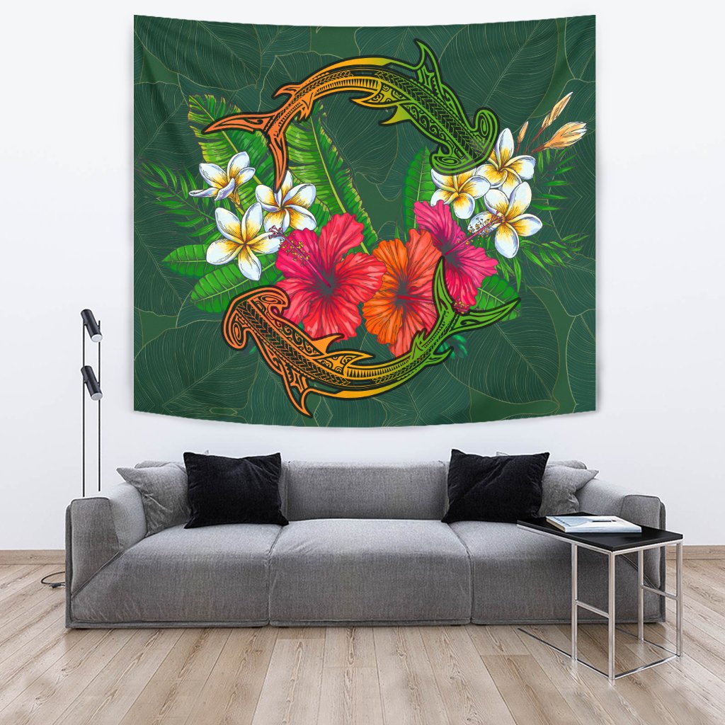 Hawaii Shark Hibiscus Tropical Polynesian Tapestry - Arian Style - AH Wall Tapestry Green - Polynesian Pride