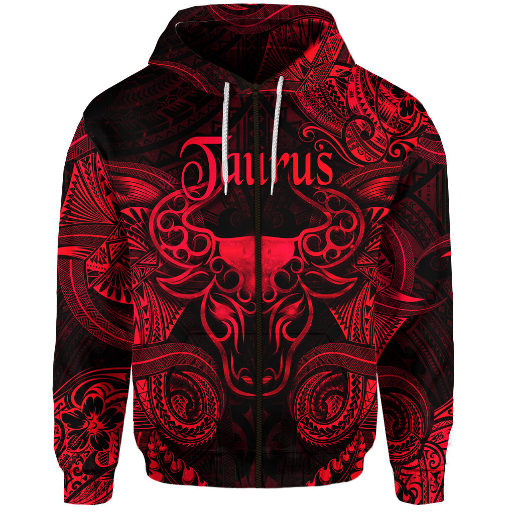 Custom Taurus Zodiac Polynesian Zip Hoodie Unique Style Red LT8 - Polynesian Pride