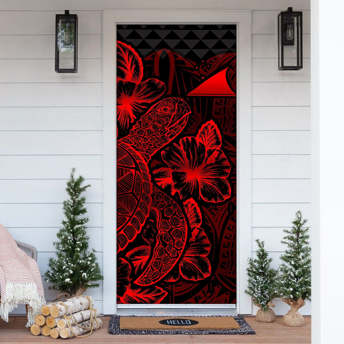 Tokelau Door Cover Turtle Hibiscus Red - Polynesian Pride