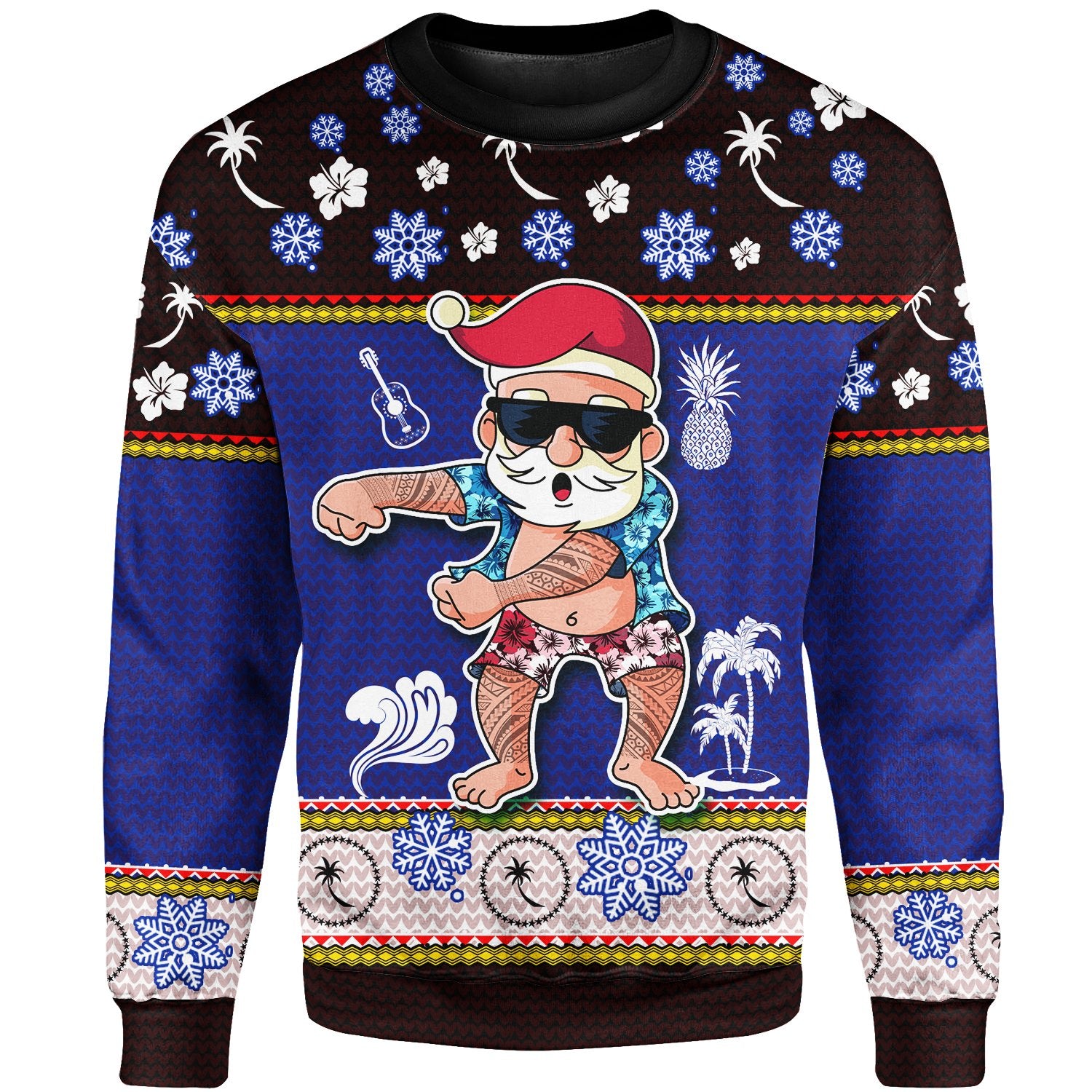 Chuuk Christmas Sweater - Santa Claus Polynesian Tattoo Unisex Blue - Polynesian Pride