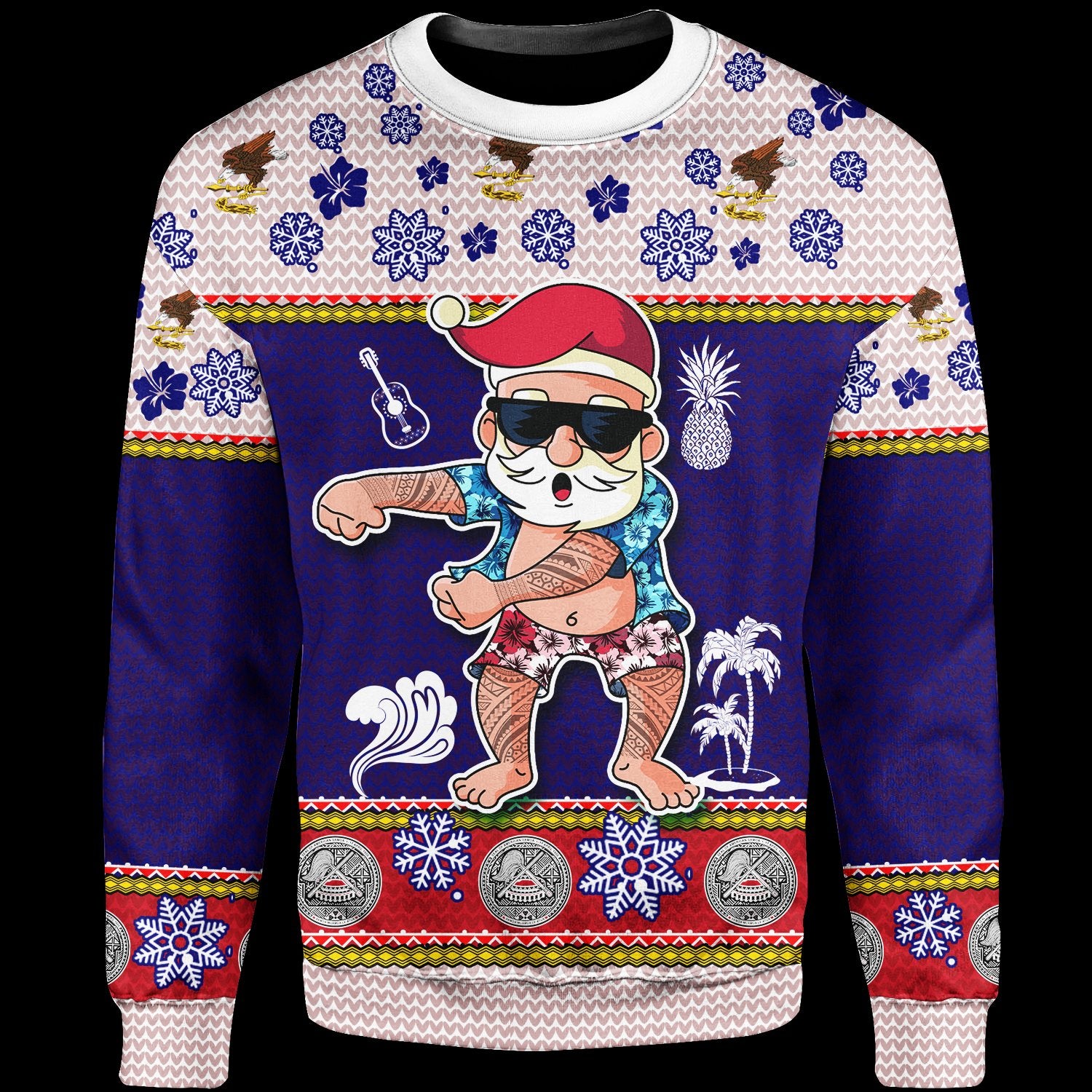 American Samoa Christmas Sweater - Santa Claus Polynesian Tattoo Unisex Blue - Polynesian Pride