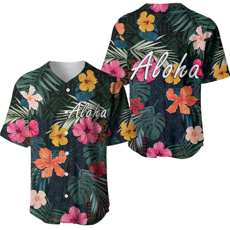 Hawaii Baseball Jersey Tribal Elements And Hibiscus Version LT9 Green - Polynesian Pride