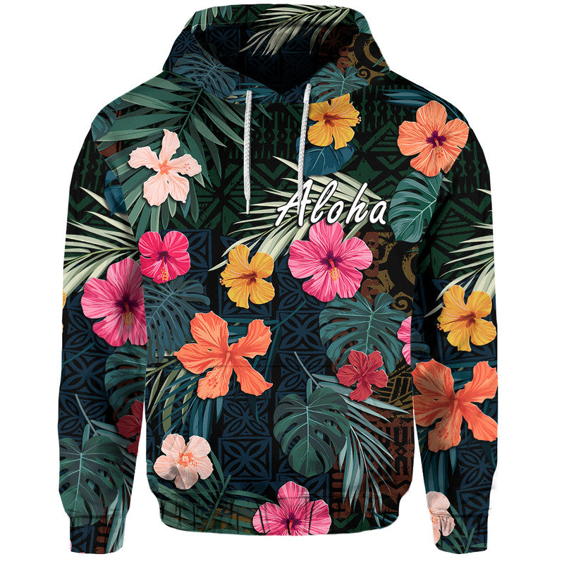 Hawaii Hoodie Tribal Elements and Hibiscus Version LT9 Pullover Hoodie Green - Polynesian Pride